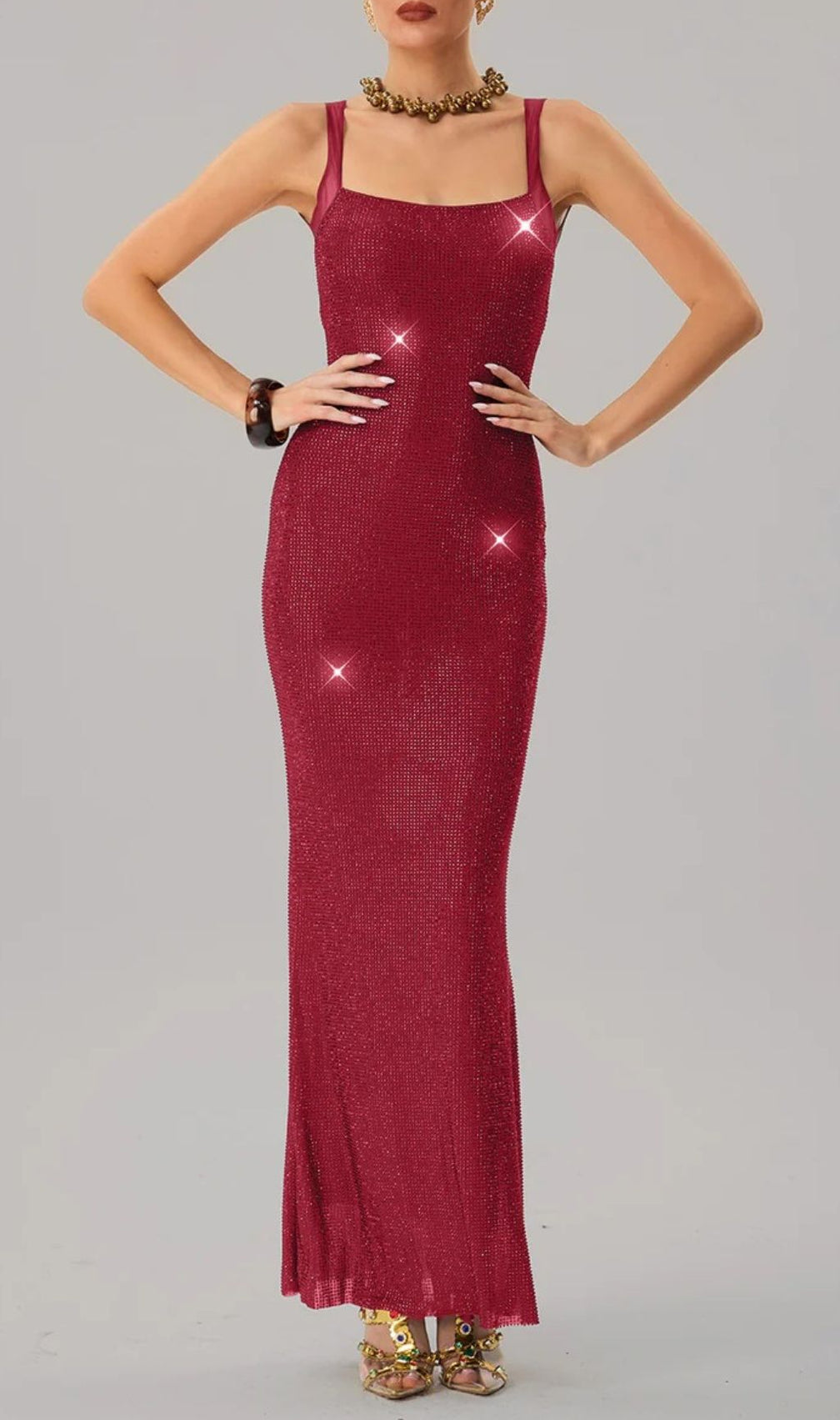 Dazzling Red Rhinestone Backless Maxi Dress | Sparkle & Glamour for Her