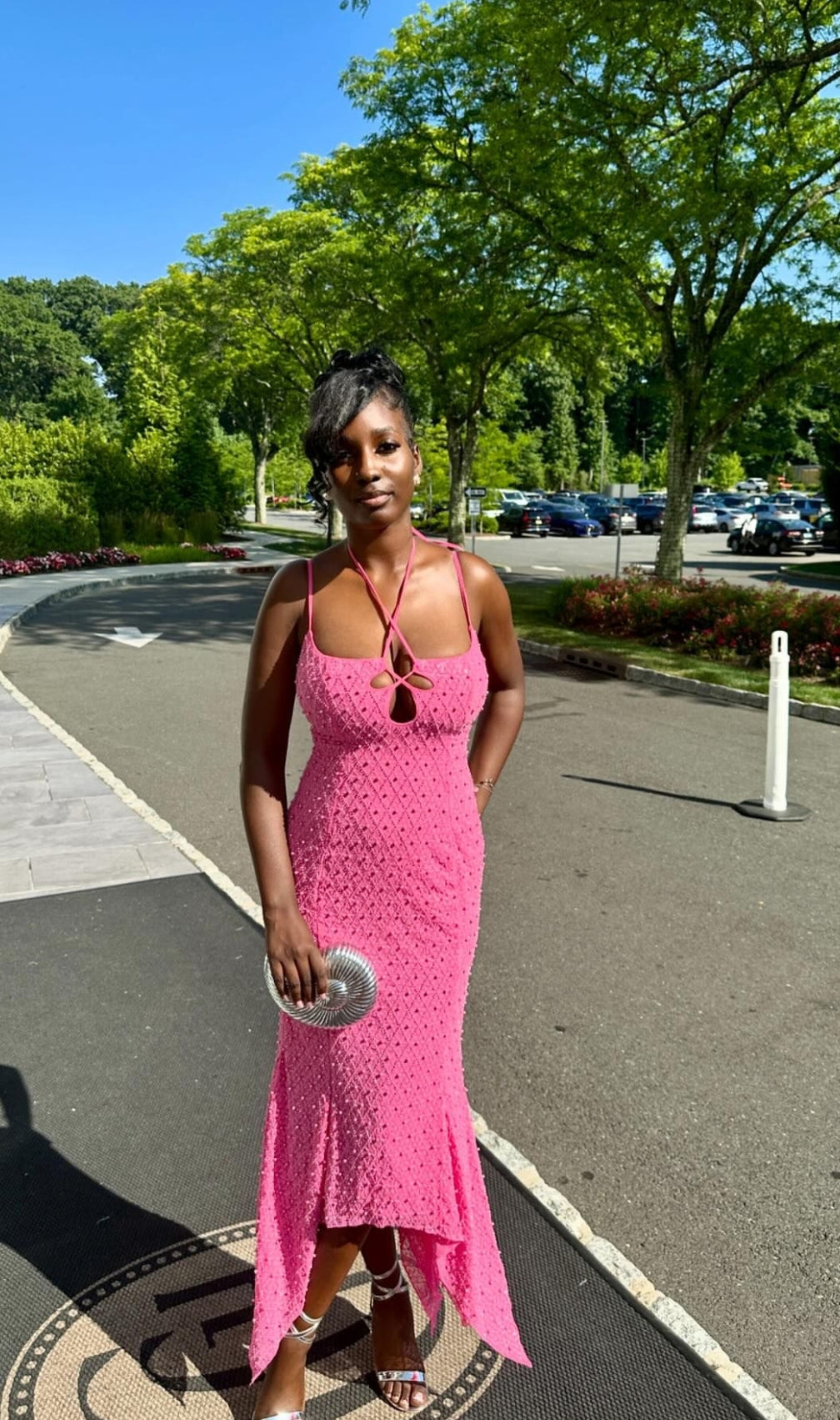 Bakwina Pink Pearl Sequin Lace Up Maxi Dress