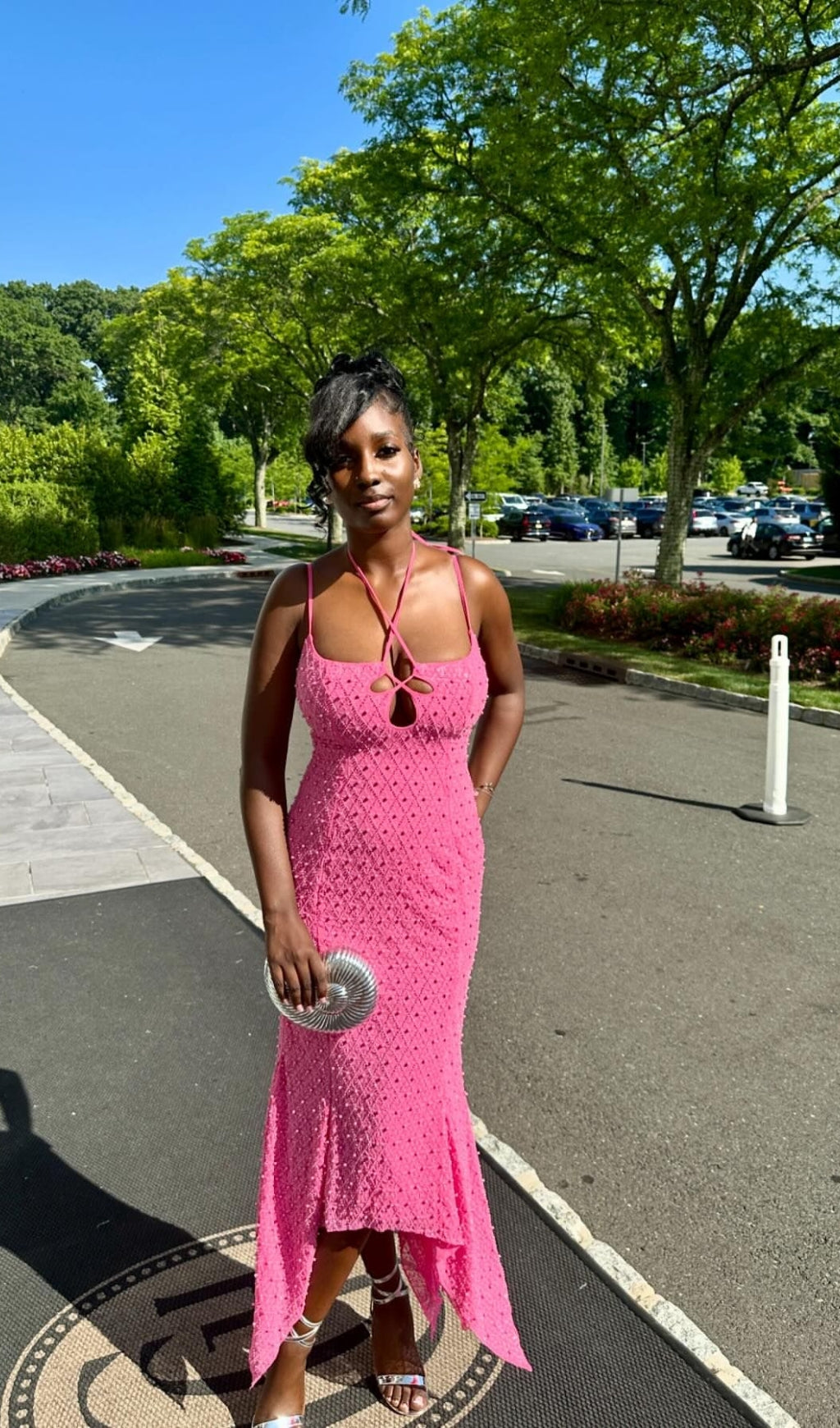 Bakwina Pink Pearl Sequin Lace Up Maxi Dress