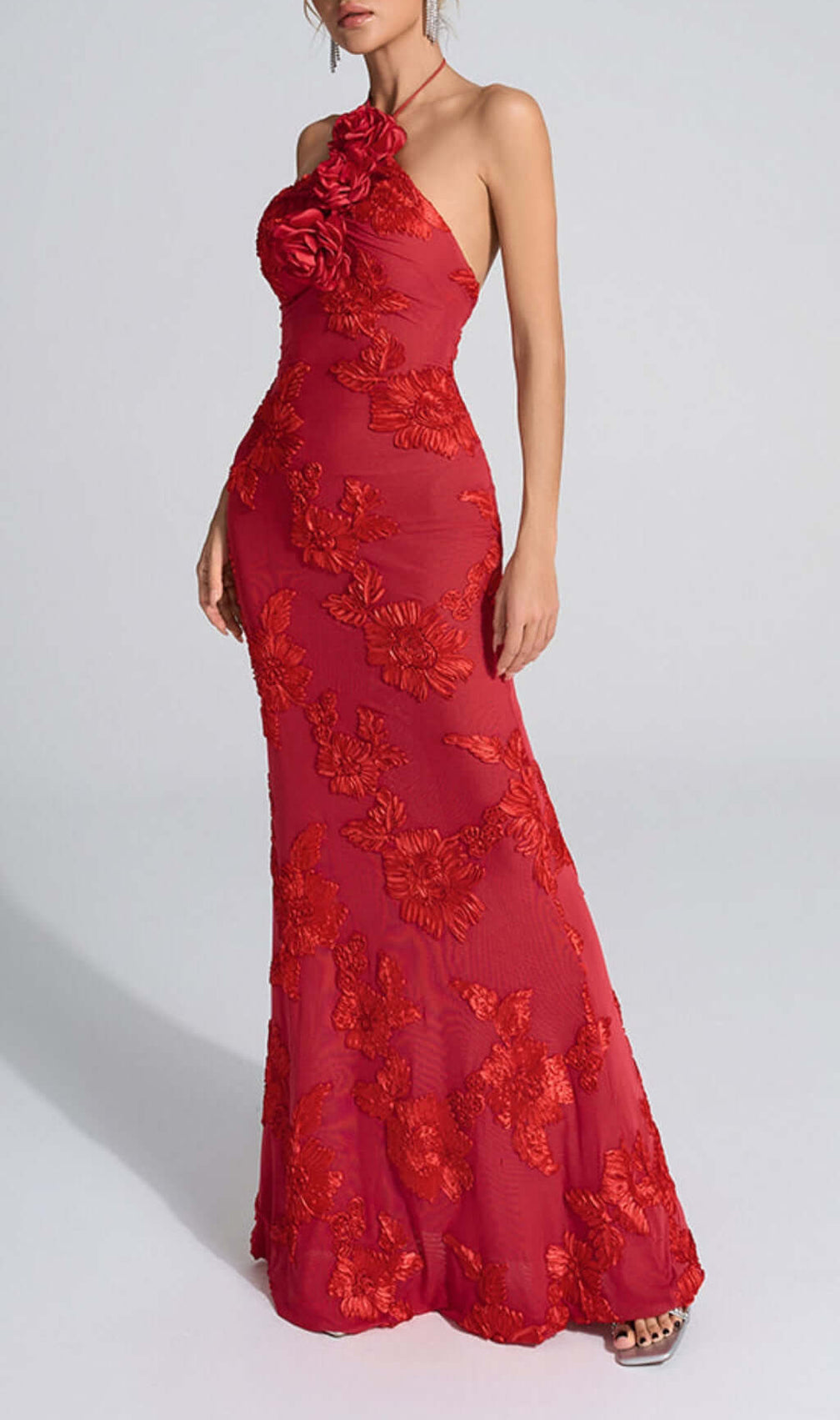 Bambi Red Halter Flower Maxi Dress