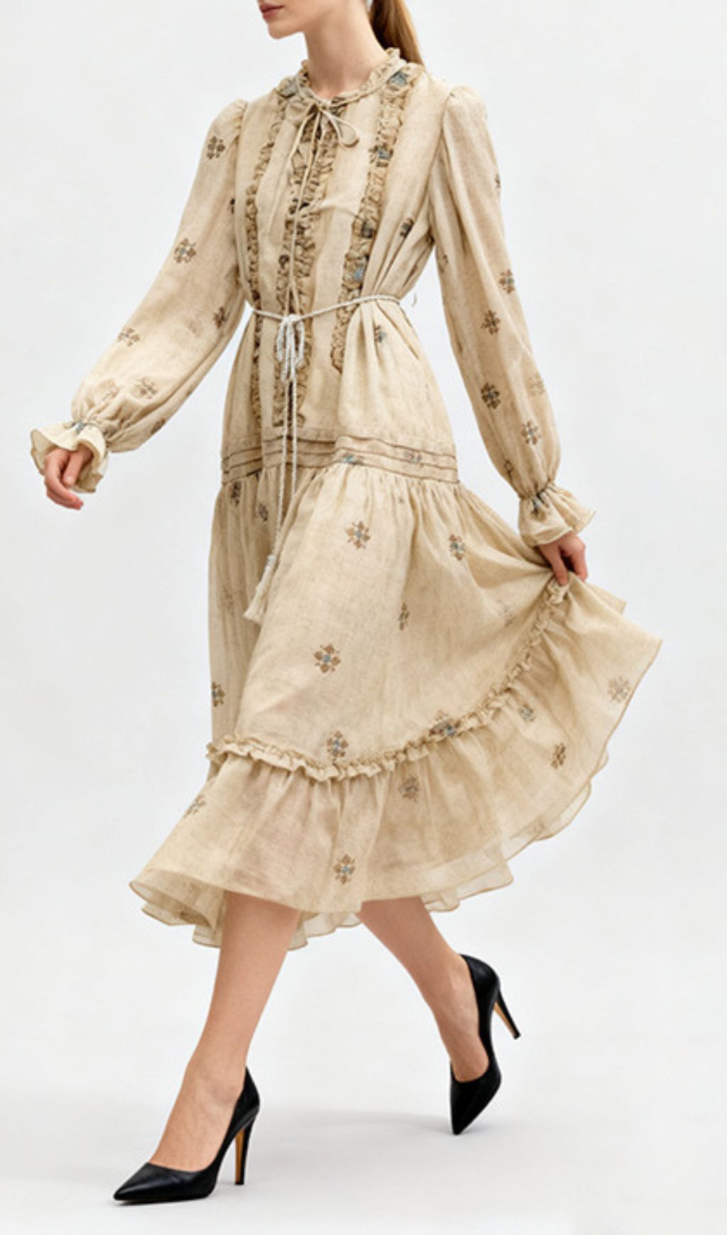 Indiya Artisan Print Midi Dress | Elegant Boho Long Sleeve Tiered Dress