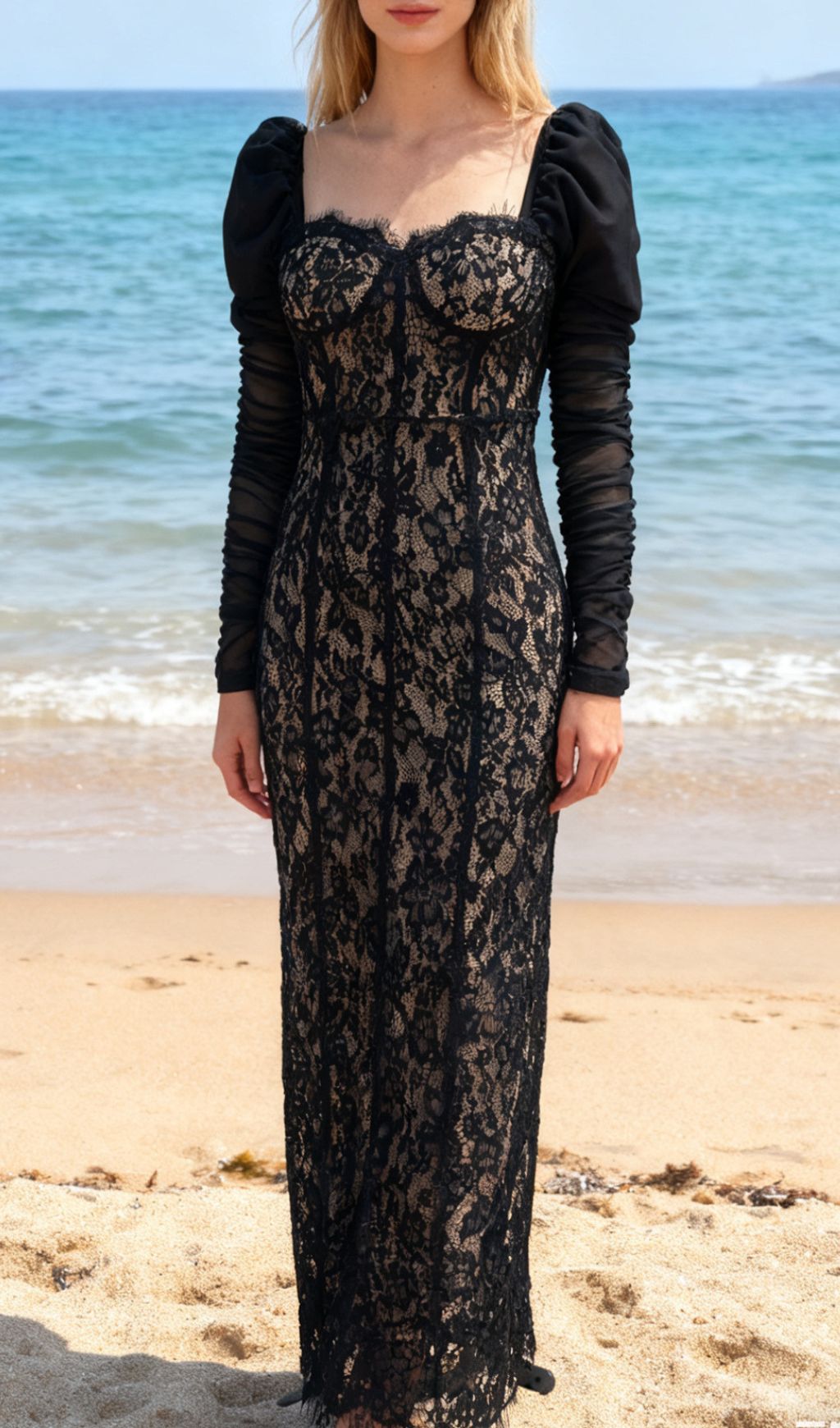 Jordane Black Lace Long Sleeve Maxi Dress - Elegant Evening Gown for Women