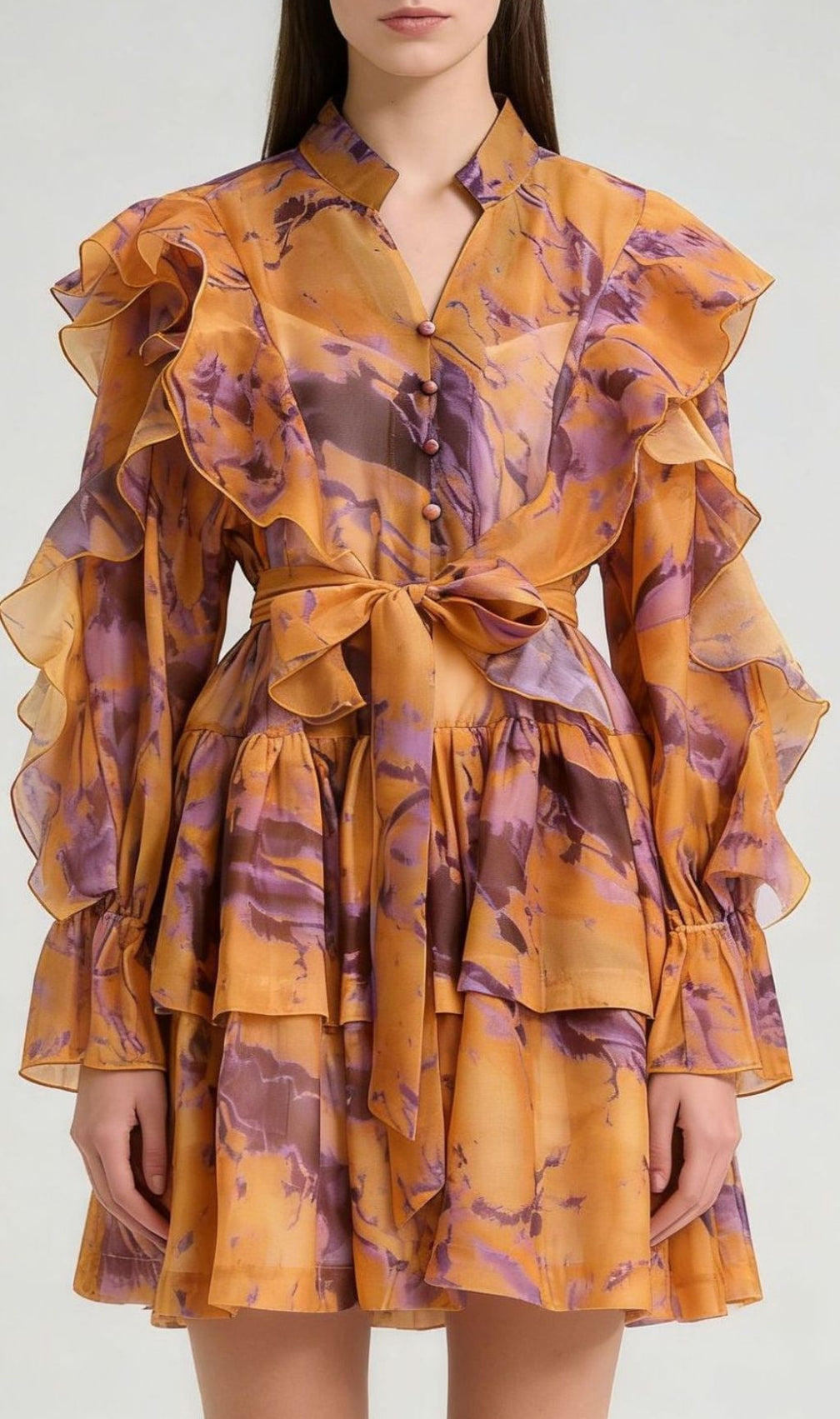 Kabibe Bold Red Floral Ruffle Mini Dress – Long Sleeve Statement Piece