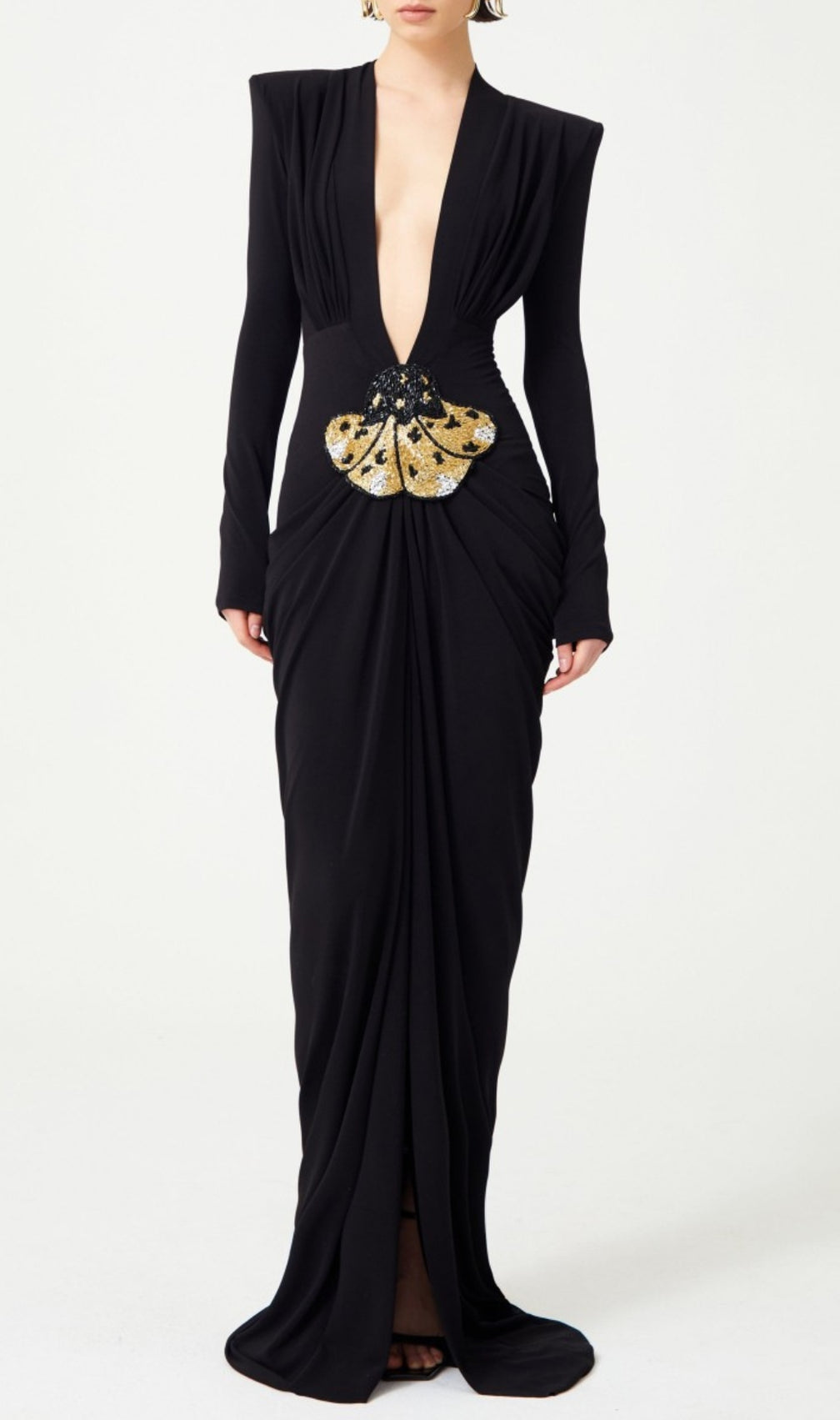 Ceana Black Deep-V Neck Long Sleeve Maxi Dress