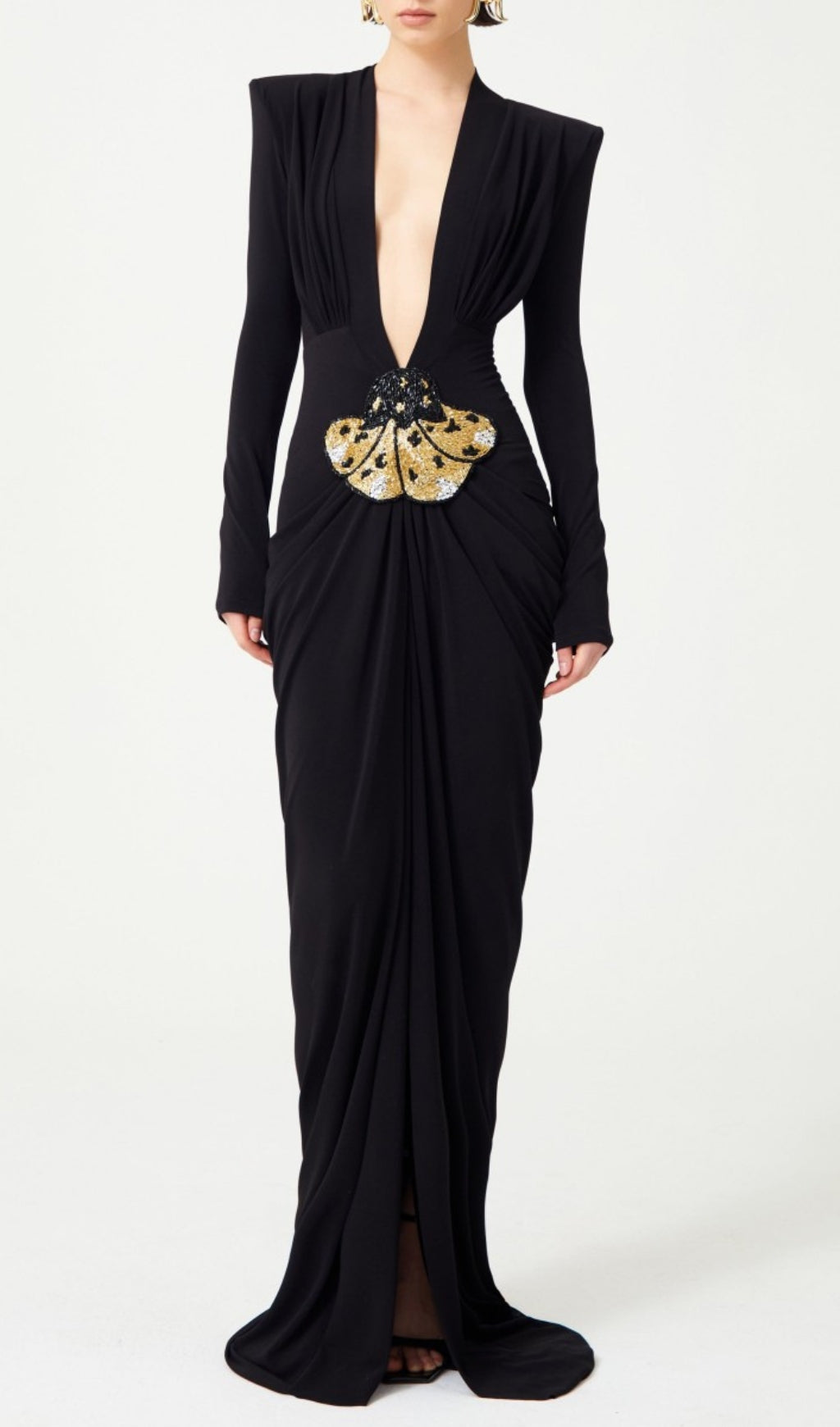 Ceana Black Deep-V Neck Long Sleeve Maxi Dress