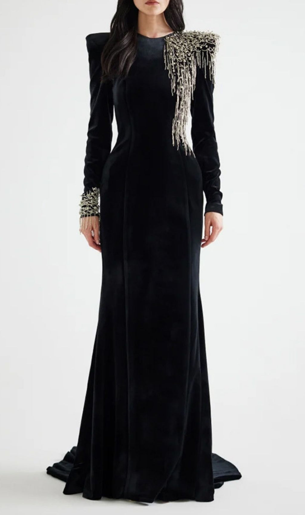 Jovia Black Velvet Beaded Maxi Gown | Long Sleeve Gala & Red Carpet Dress
