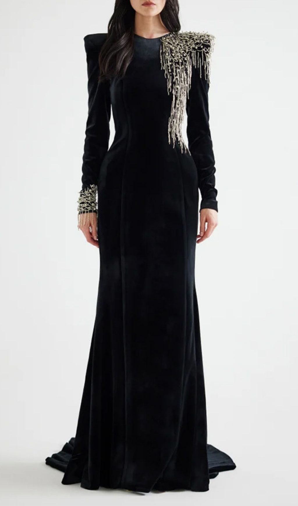Jovia Black Velvet Beaded Maxi Gown | Long Sleeve Gala & Red Carpet Dress