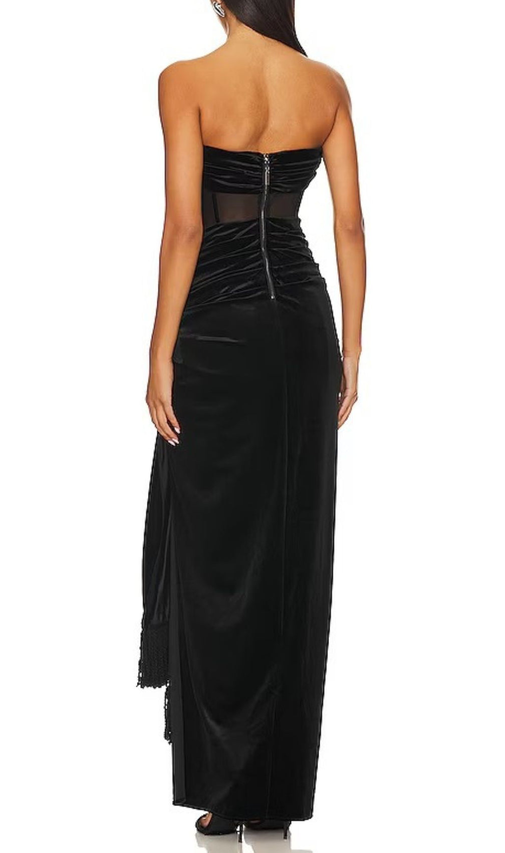 Kahlani Black Velvet Corset Maxi Gown | Strapless High-Slit Dress