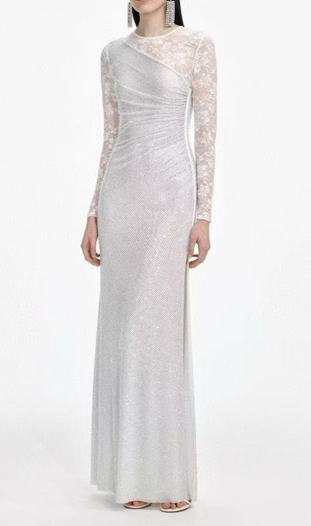 Raerion Dazzling White Rhinestone Lace Maxi Gown - Elegant Evening Dress