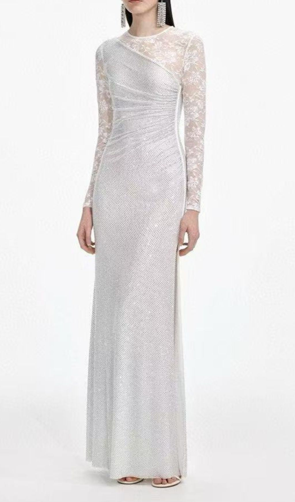 Raerion Dazzling White Rhinestone Lace Maxi Gown - Elegant Evening Dress