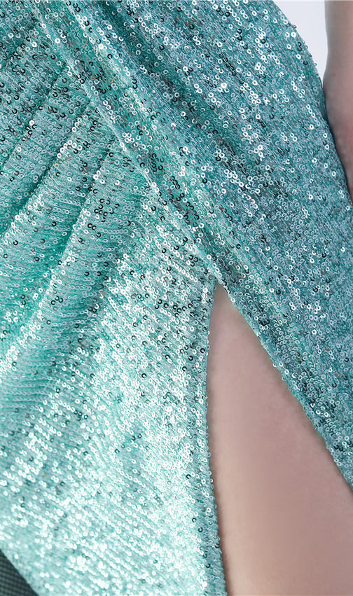 Chroma Mint Sequin Flower Feather Maxi Dress