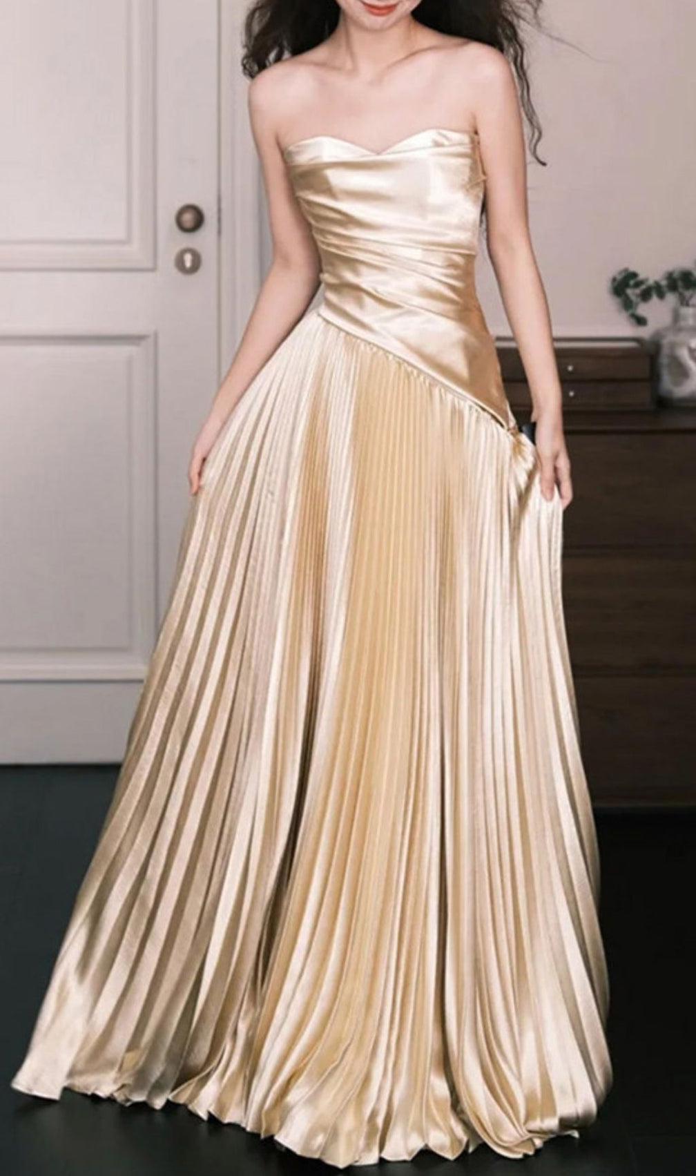 Kristy Gold Strapless Pleated Maxi Dress