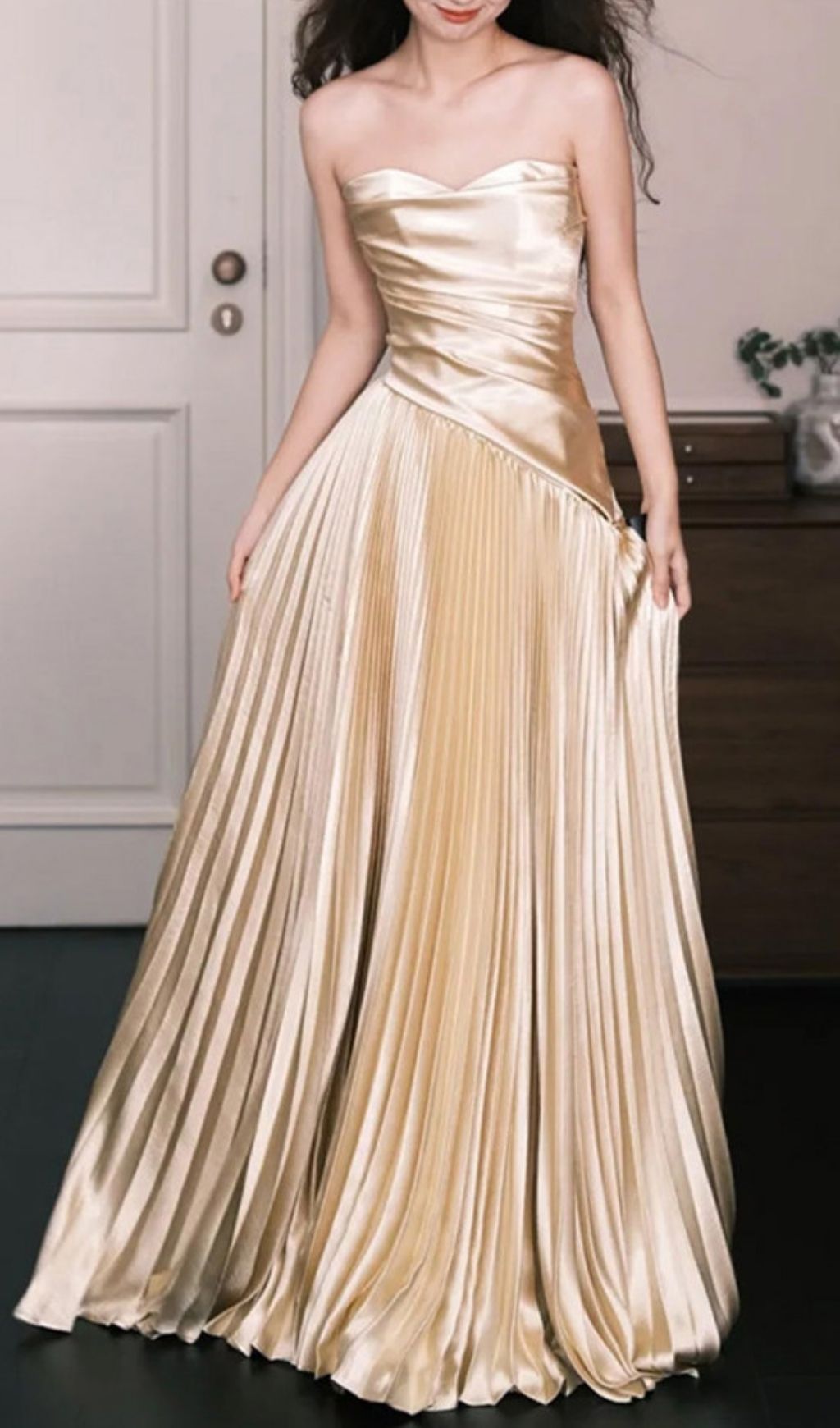 Kristy Gold Strapless Pleated Maxi Dress