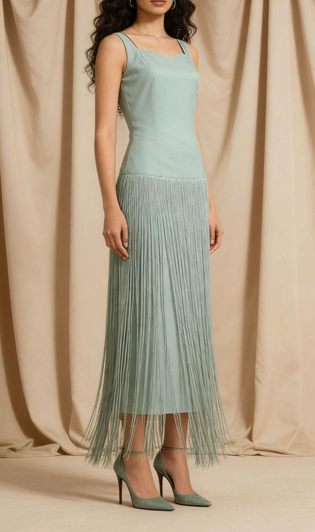 Kera Sage Green Tassel Fringe Maxi Dress - Strappy Boho Gown