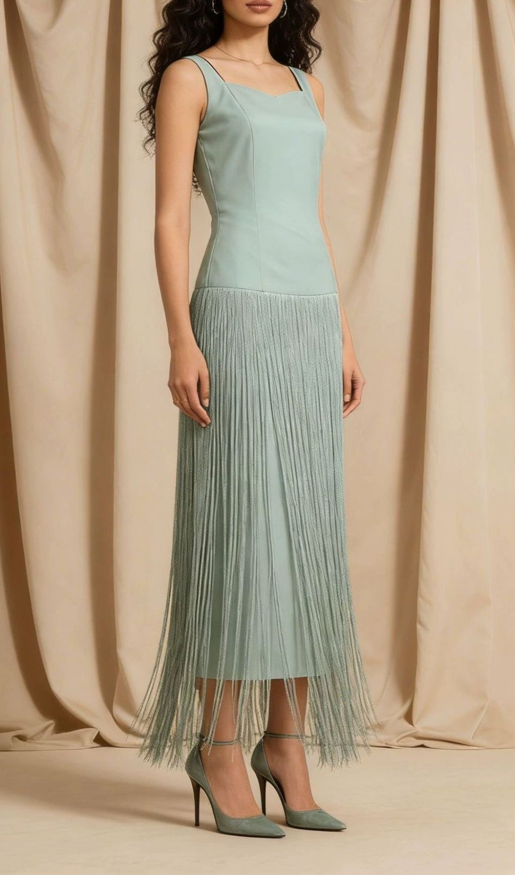 Kera Sage Green Tassel Fringe Maxi Dress - Strappy Boho Gown