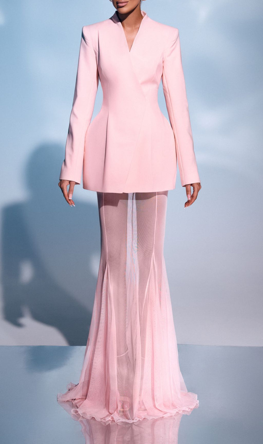 Ilham Chic Pink Tailored Blazer & Sheer Mesh Maxi Skirt Set - Modern Statement Ensemble