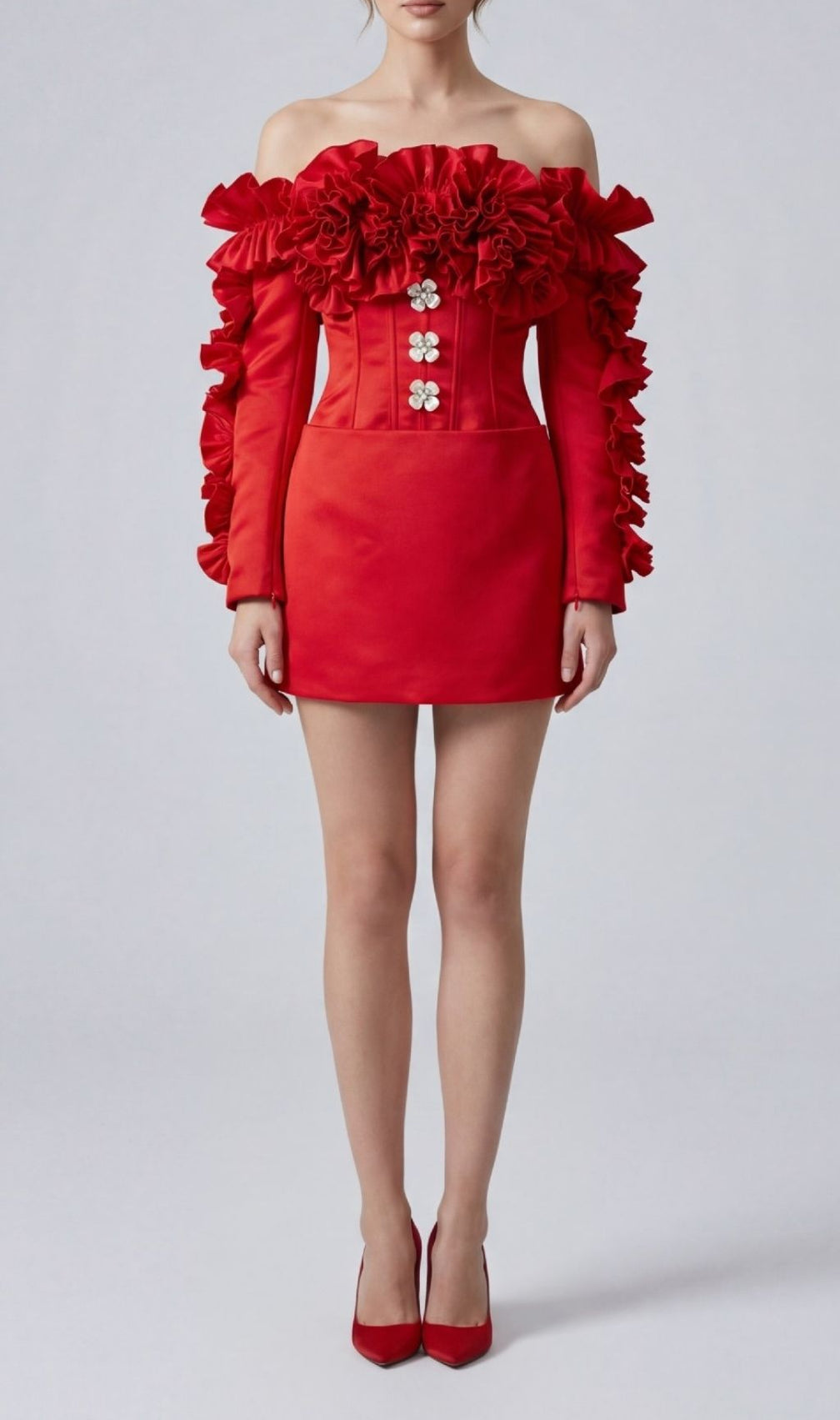 Kenna Red Ruffle Off-Shoulder Mini Dress with Floral Corset Bodice