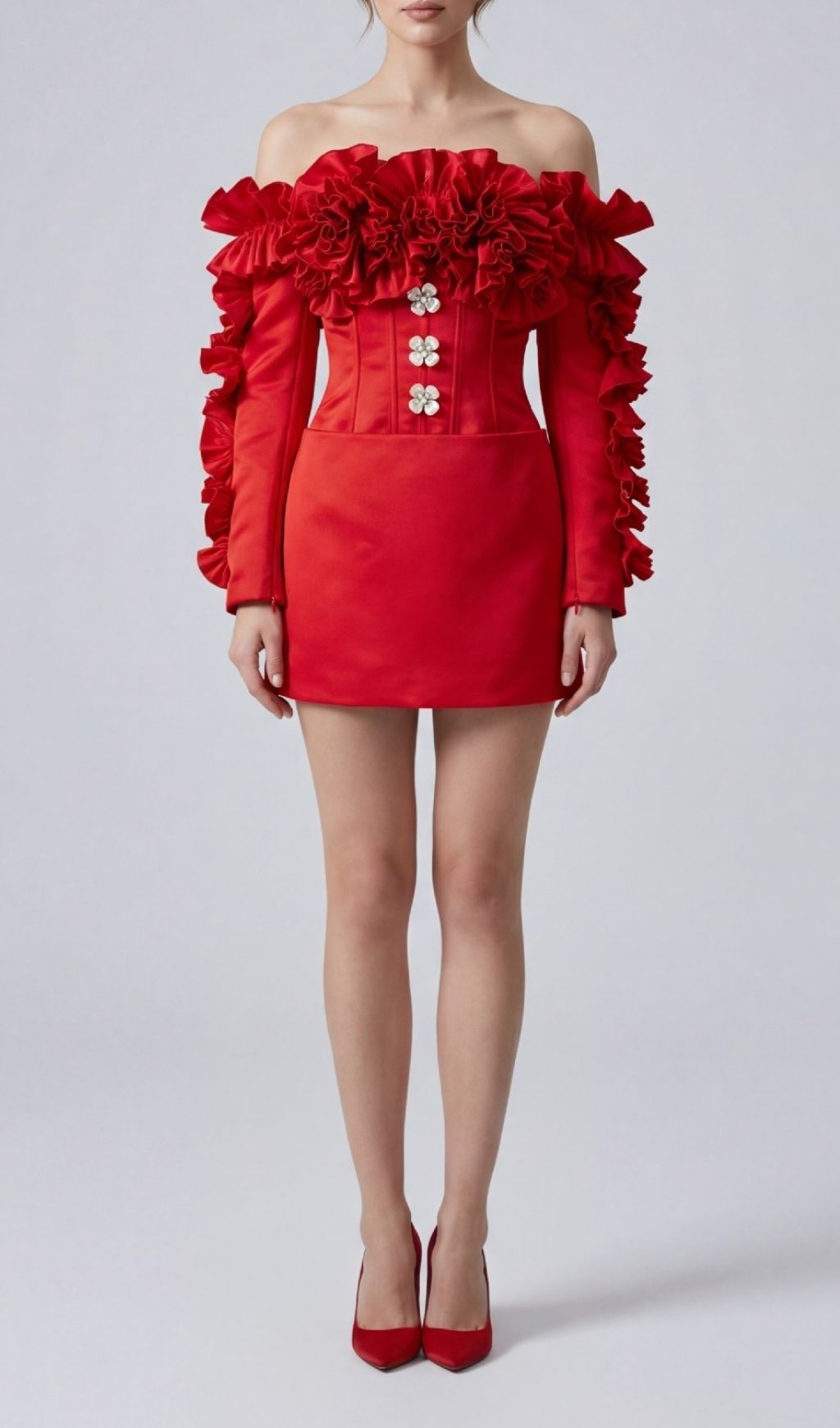 Kenna Red Ruffle Off-Shoulder Mini Dress with Floral Corset Bodice