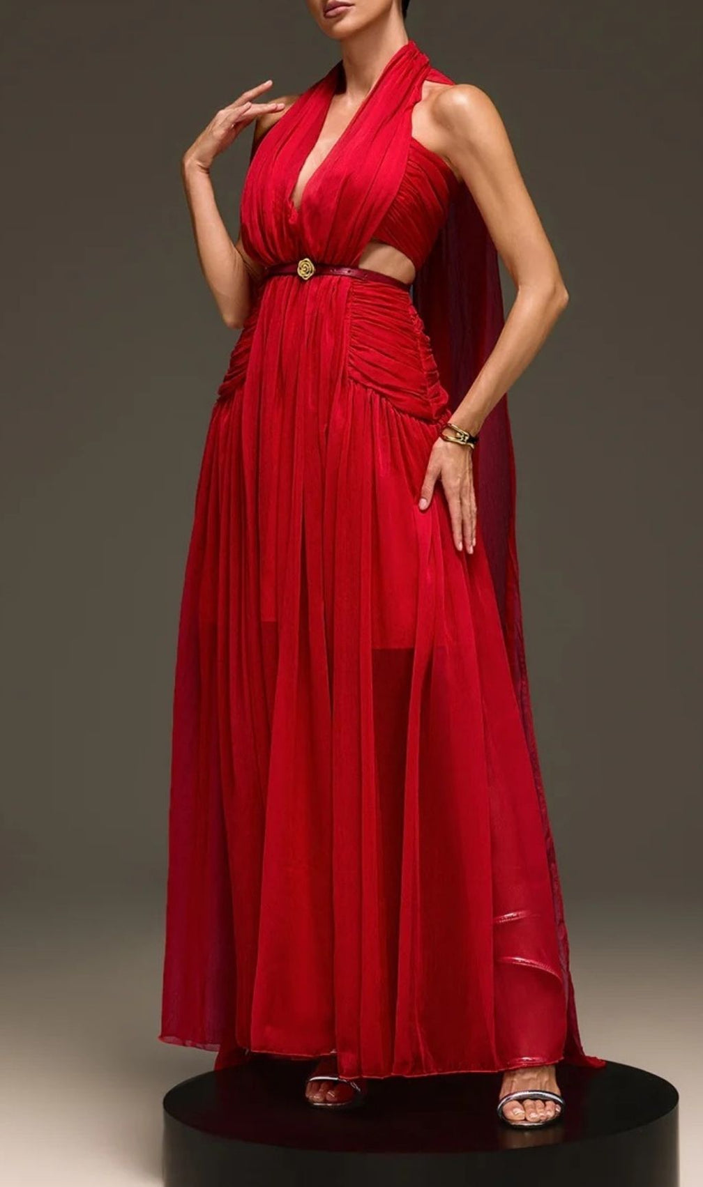Galthera Red Plunge Neck Cape Maxi Dress - The Ultimate Statement Gown