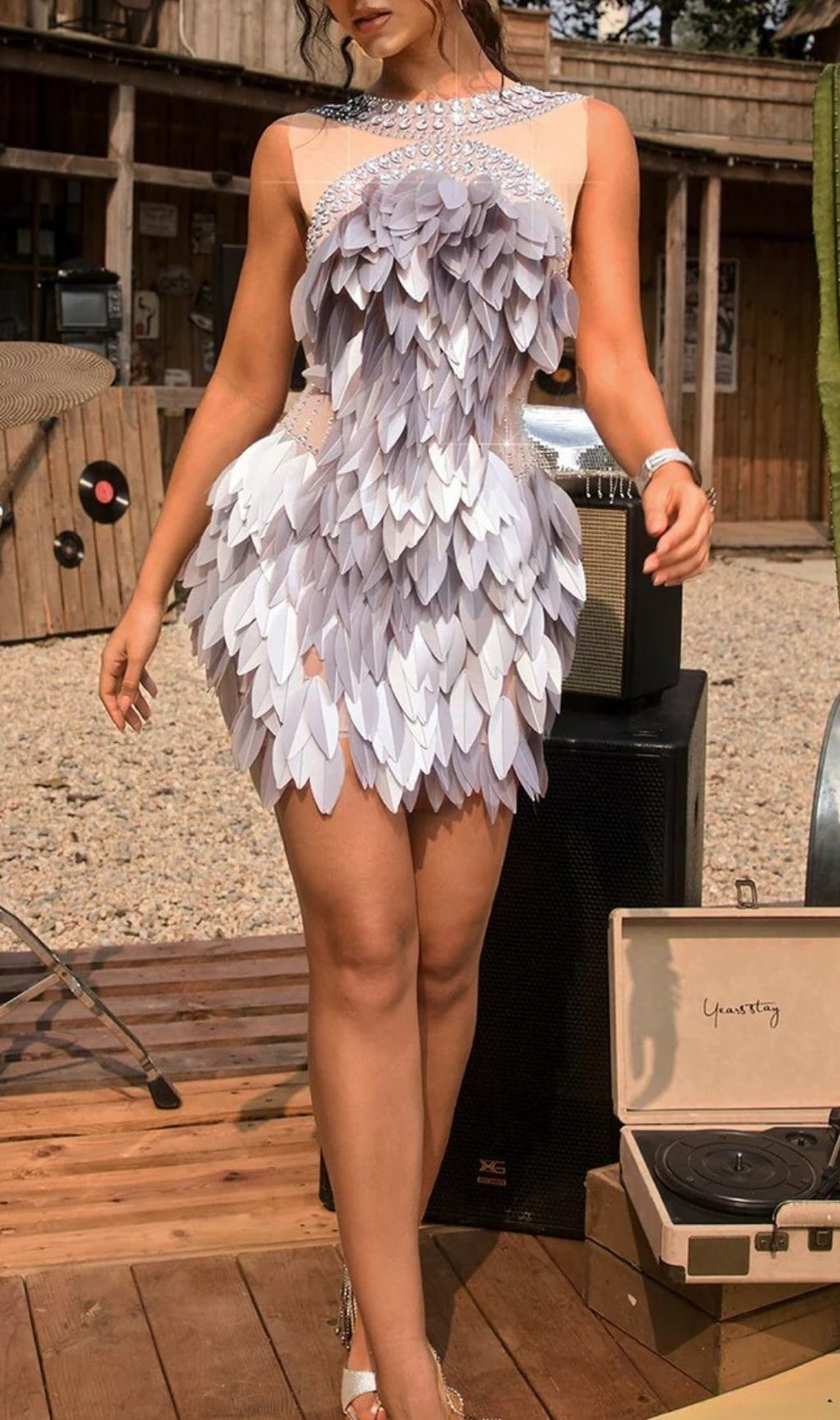 Quistel Dazzling Crystal Leaf Mini Dress | Glam Sleeveless Party Gown
