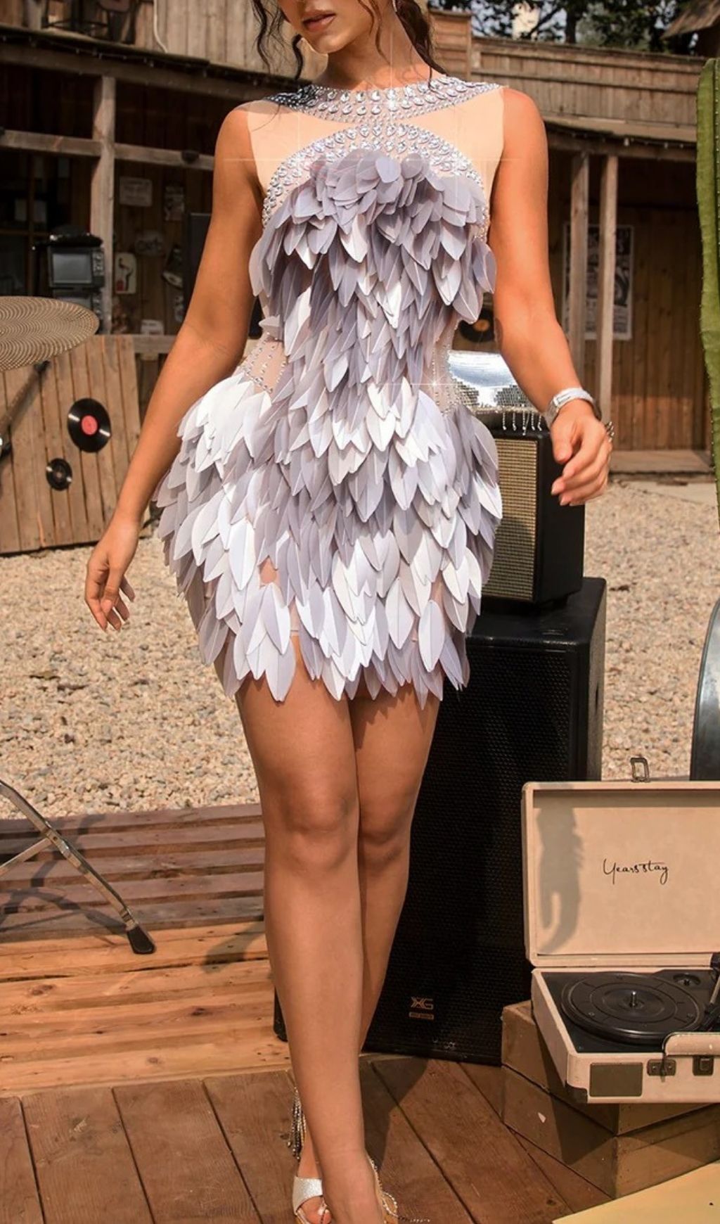 Quistel Dazzling Crystal Leaf Mini Dress | Glam Sleeveless Party Gown