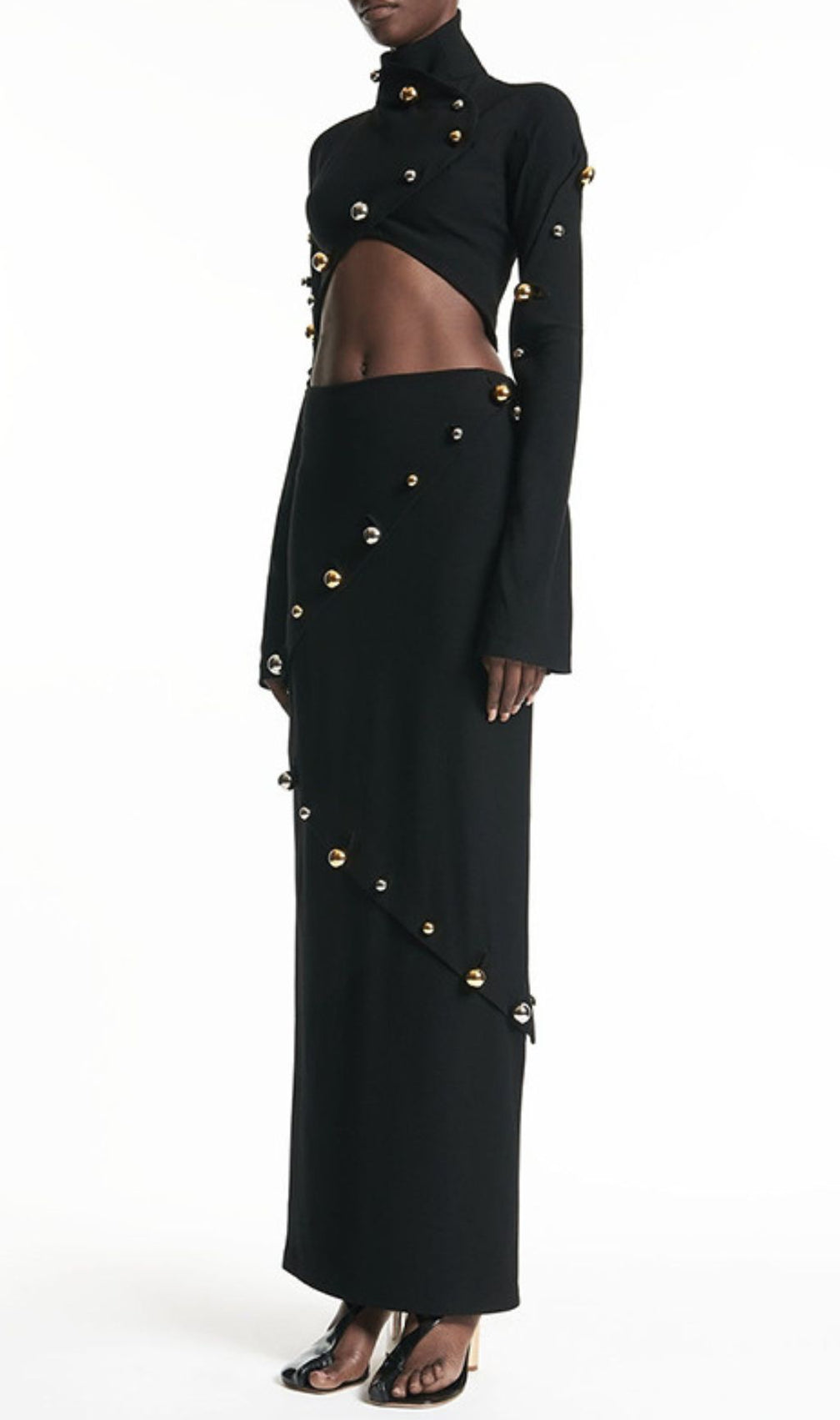Ilario Luxe Studded Black Long Sleeve Crop Top & Maxi Skirt Set
