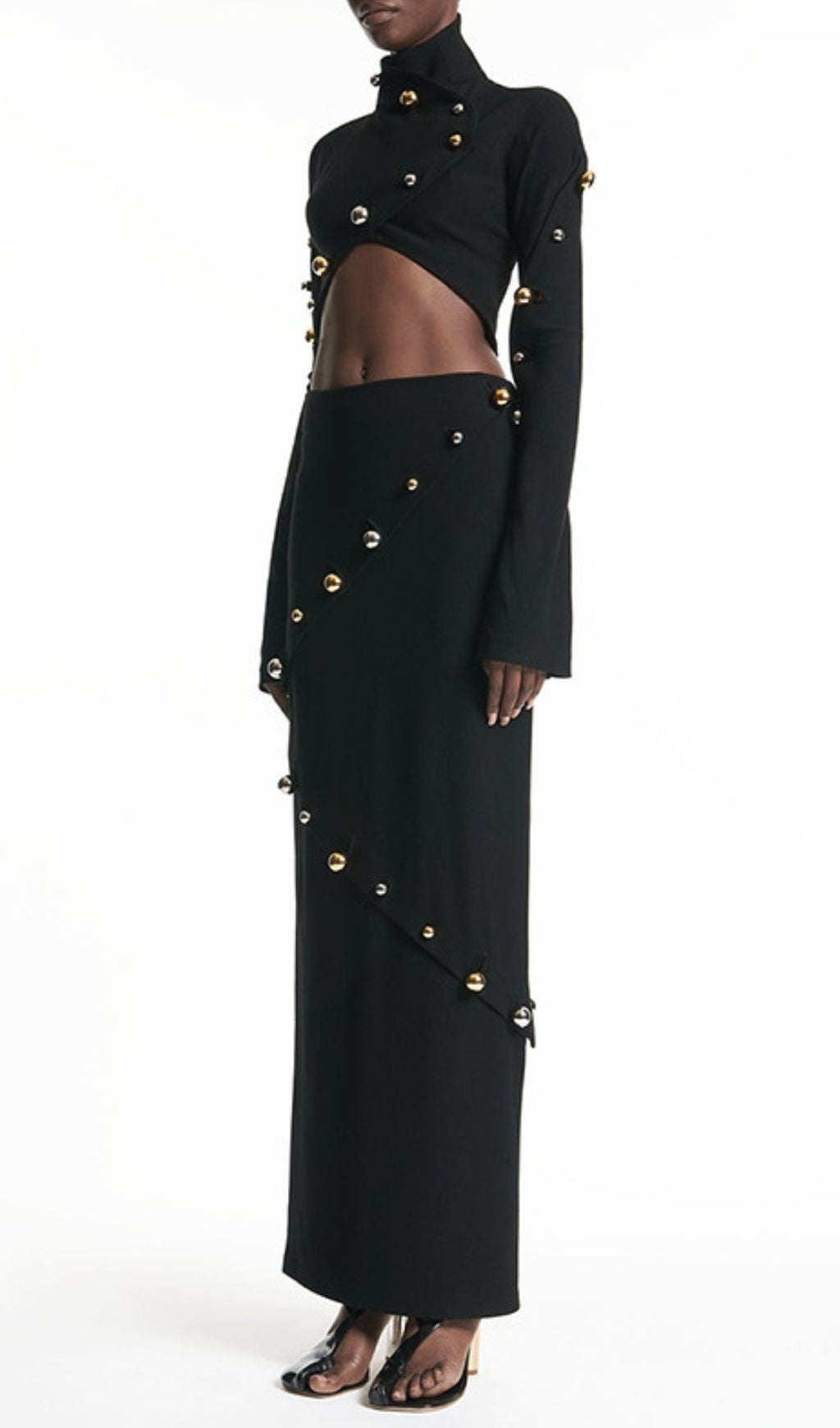 Ilario Luxe Studded Black Long Sleeve Crop Top & Maxi Skirt Set