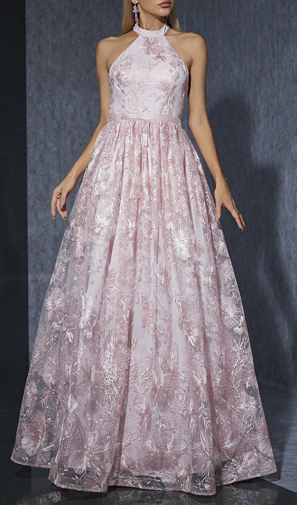 Dolores Pink Halter Embroidery Maxi Dress 