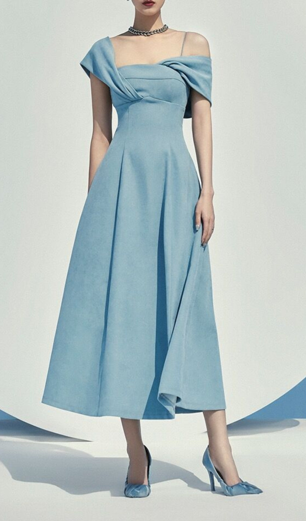 Haze Blue Oblique Shoulder Midi Dress
