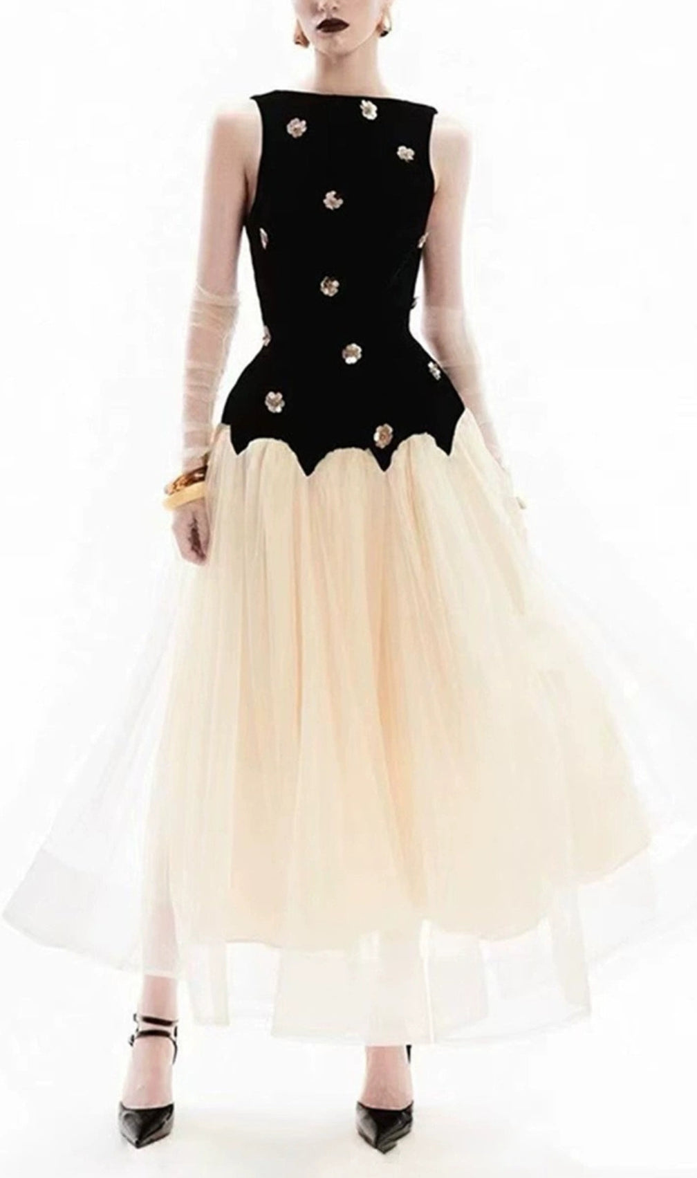 Eula Flower Embellished Mesh Maxi Dress