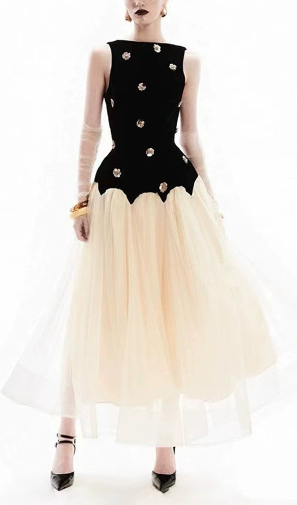 Eula Flower Embellished Mesh Maxi Dress