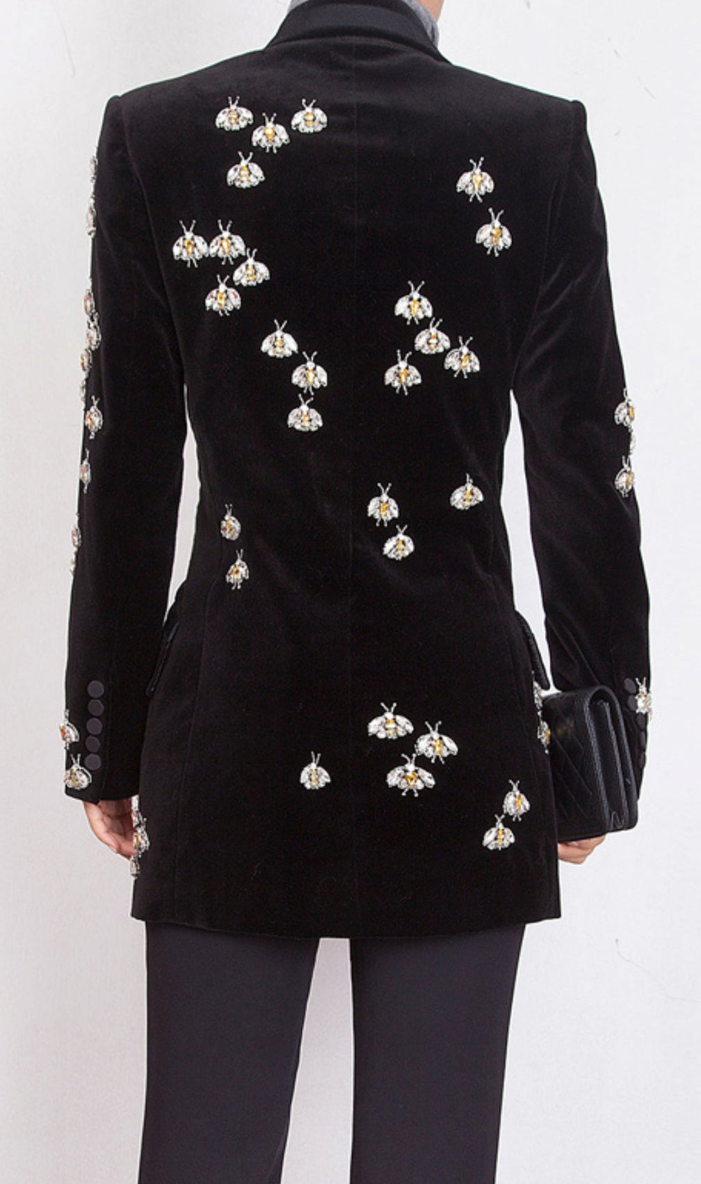 Black Velvet Blazer Jacket With Rhinestone Bees
