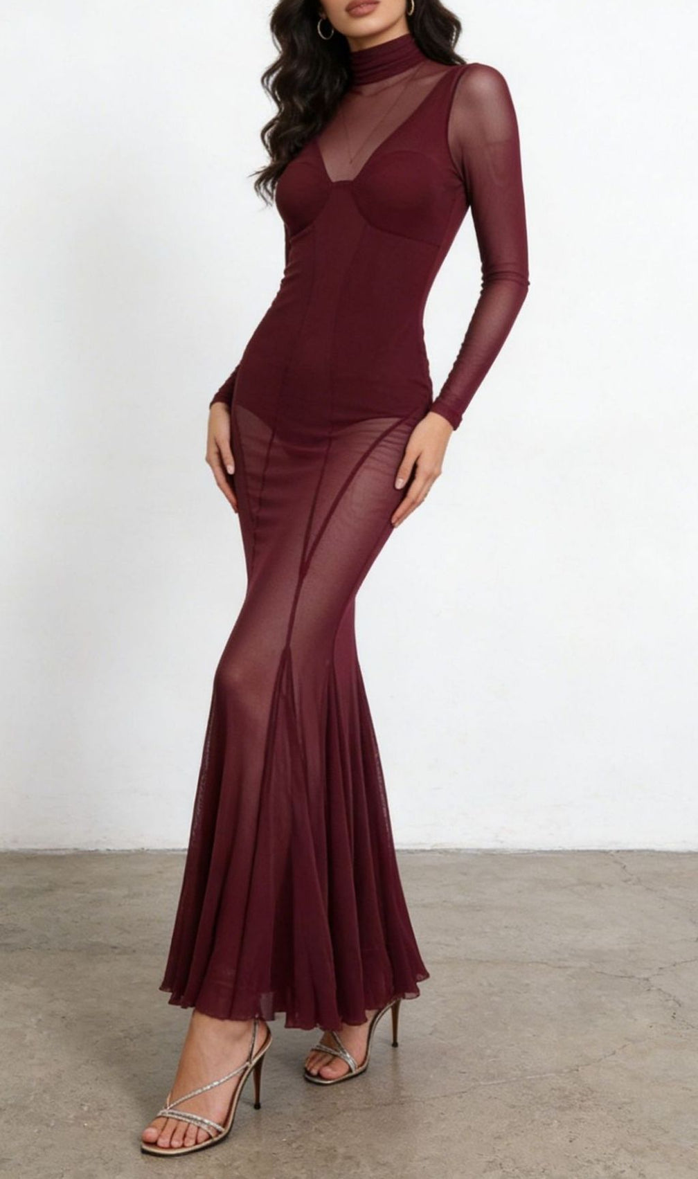 Kaylin Wine Mesh Illusion Long Sleeve Maxi Dress - Elegant Formal Gown