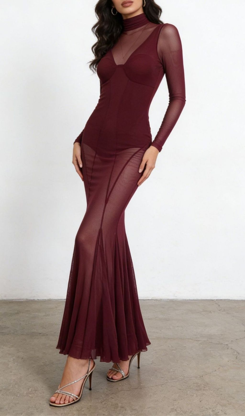 Kaylin Wine Mesh Illusion Long Sleeve Maxi Dress - Elegant Formal Gown