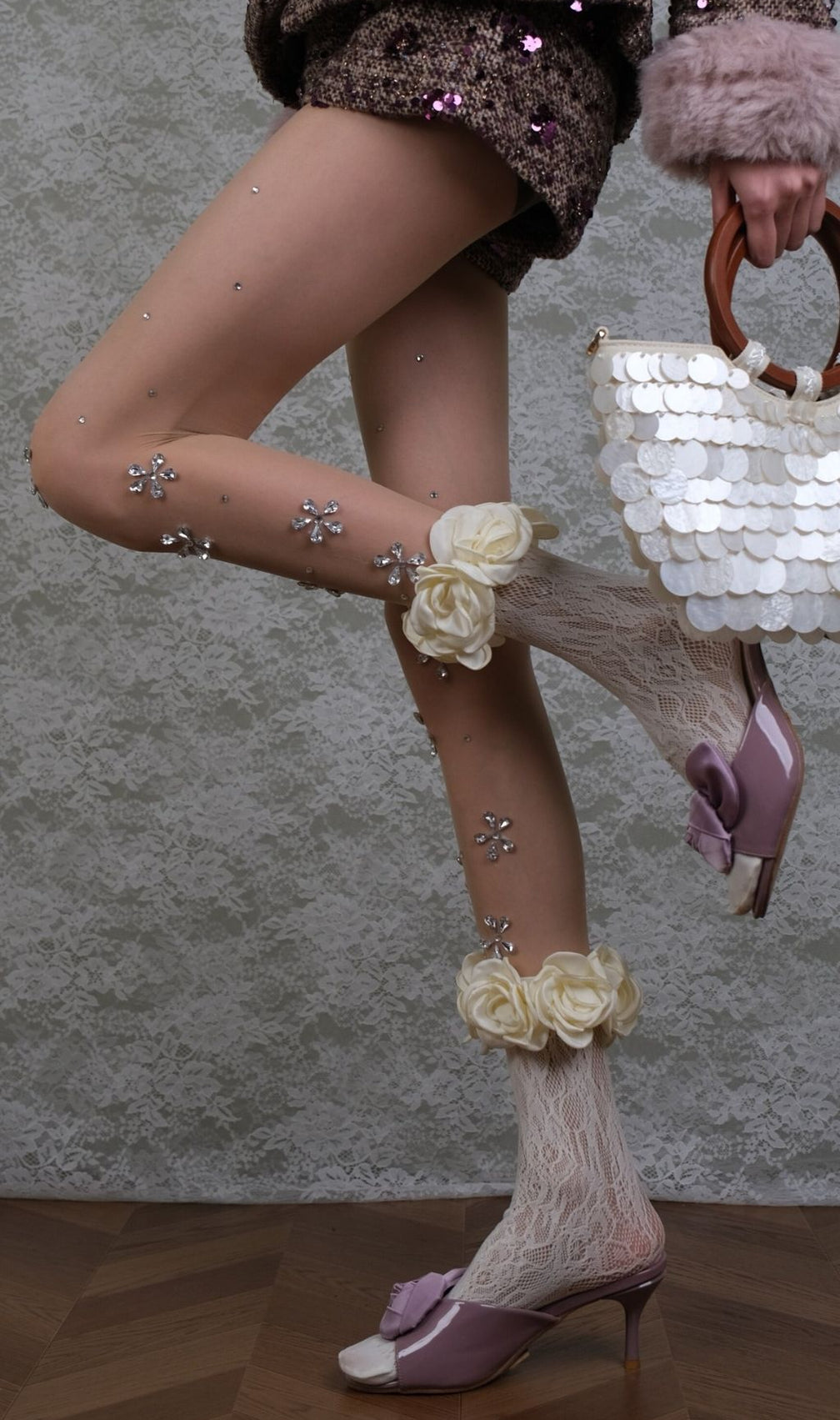 Whimsical Diamante Sparkle Tights & Romantic Rose Ankle Socks Set