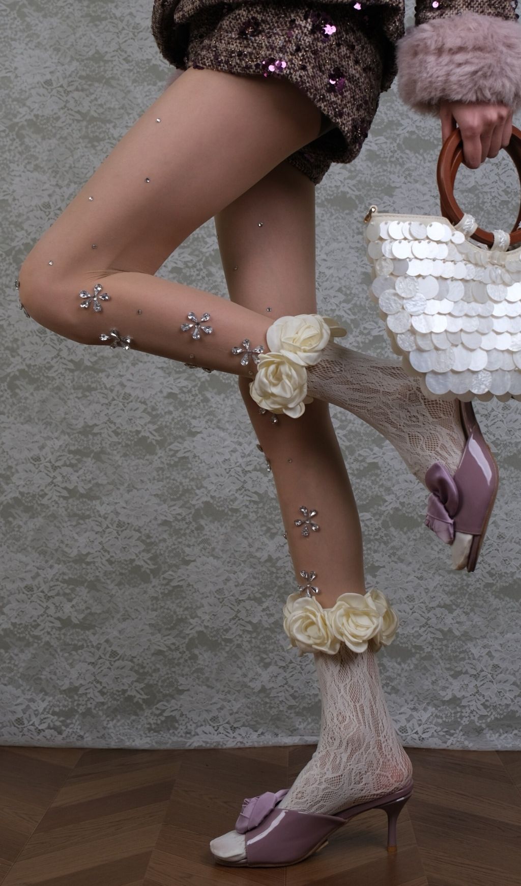 Whimsical Diamante Sparkle Tights & Romantic Rose Ankle Socks Set