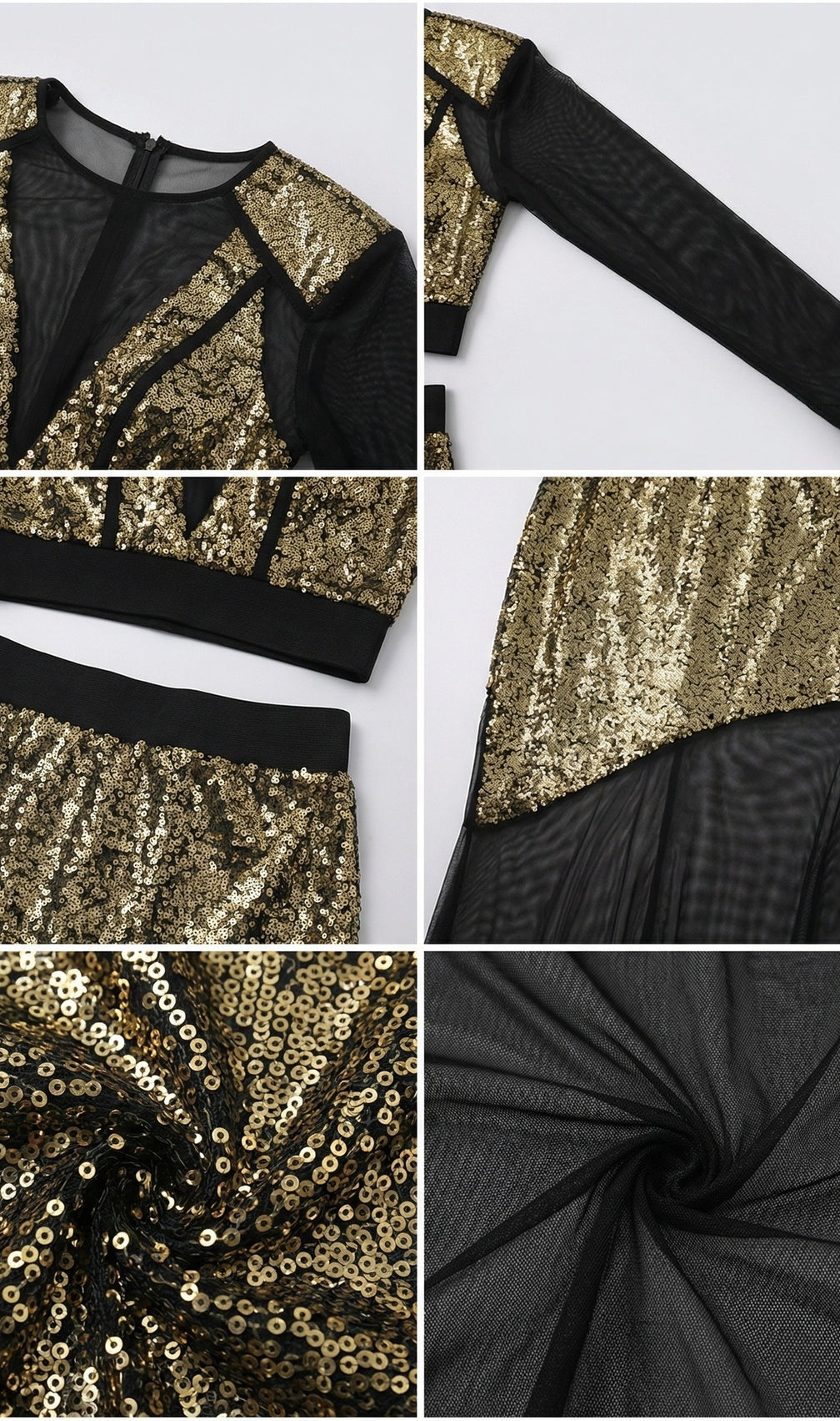 Jaivan Glam Gold Sequin Crop Top & Sheer Mesh Maxi Skirt Set