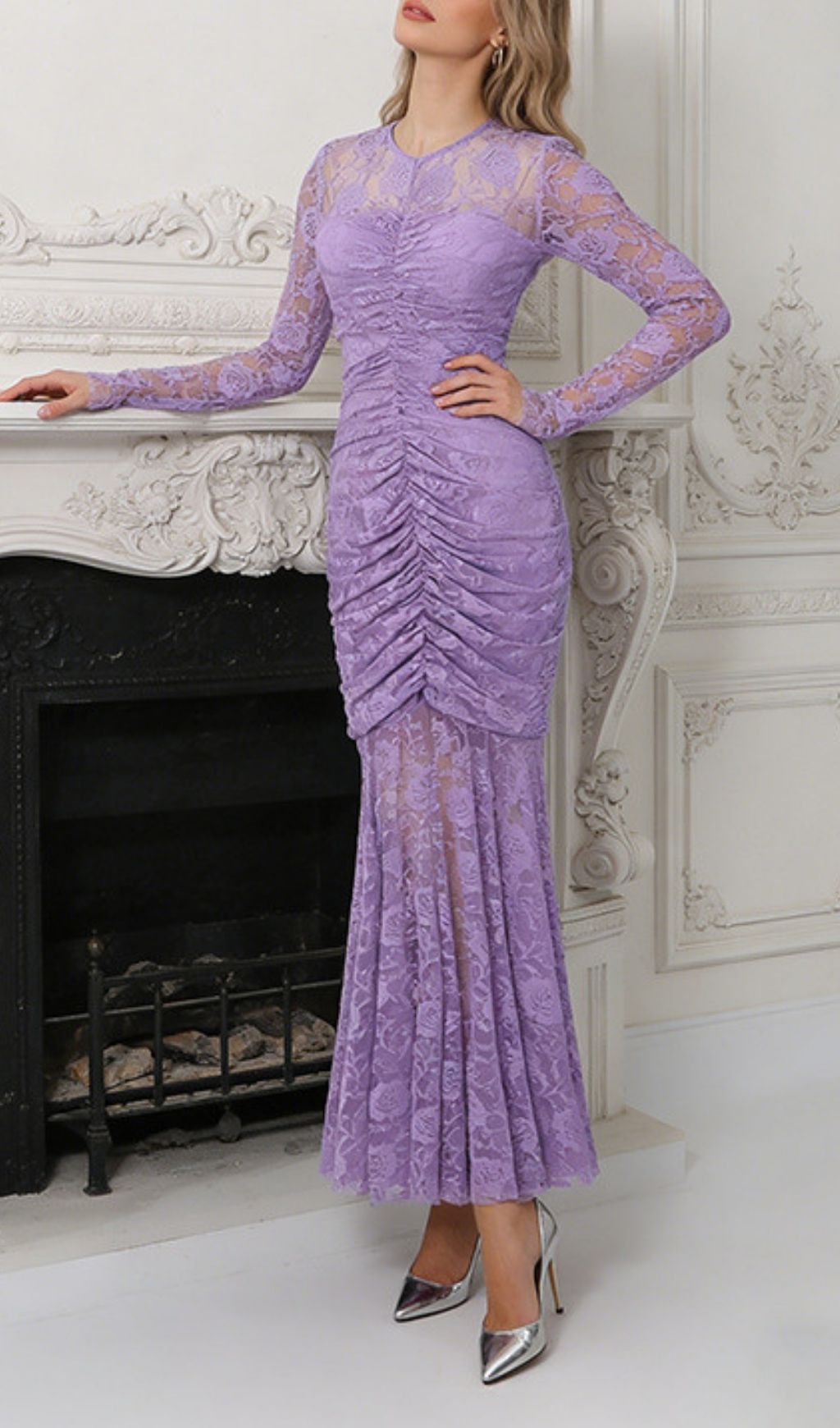 Kacey Elegant Purple Floral Lace Long Sleeve Maxi Dress - Formal Occasion Gown