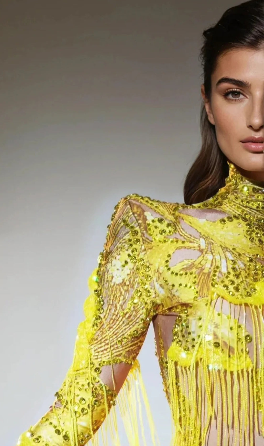 Shatora One Shoulder Rhinestone Fringe Bodysuit In Yellow