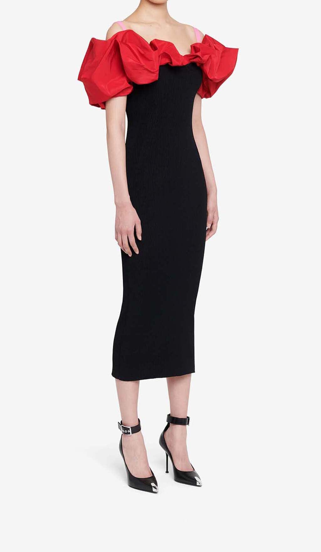 Ruffled Pencil Midi Dress In Black