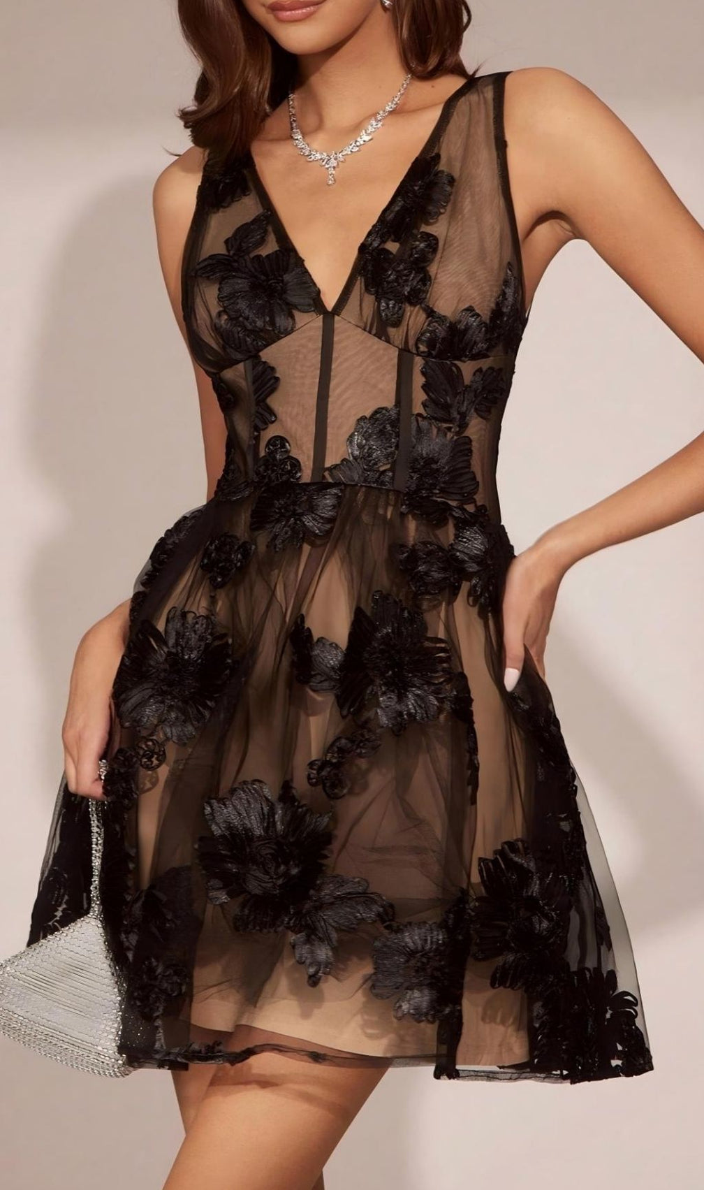 Lamaria Black Sleeveless Flower Mesh Mini Dress