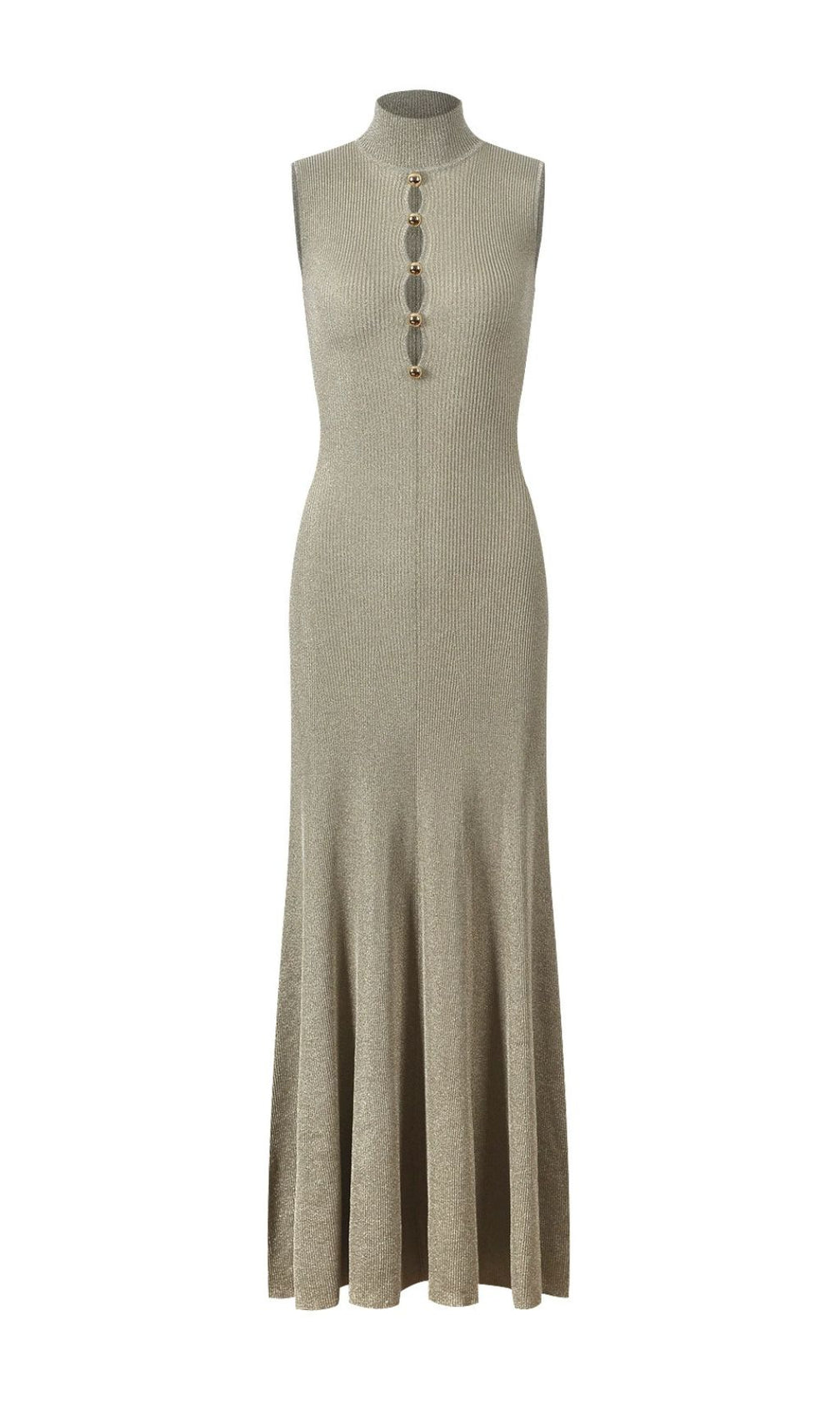 Juno Shimmer Ribbed Knit Maxi Dress | Mock Neck | Gold Buttons