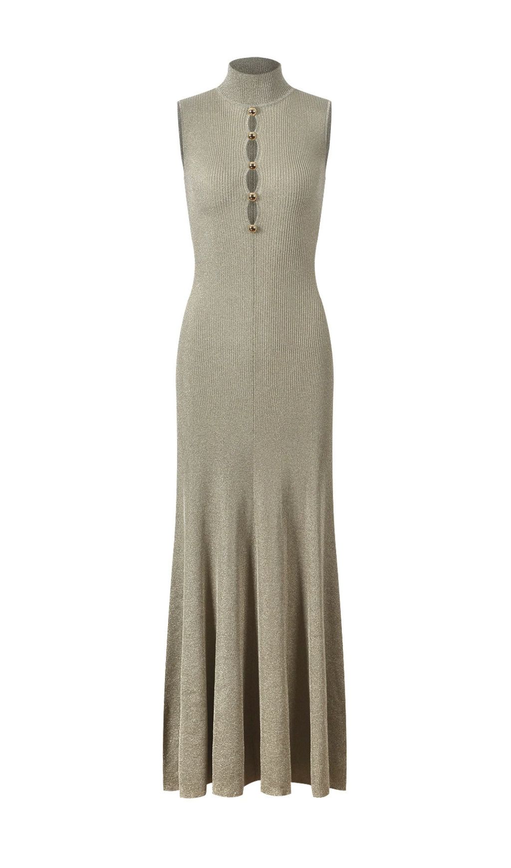 Juno Shimmer Ribbed Knit Maxi Dress | Mock Neck | Gold Buttons