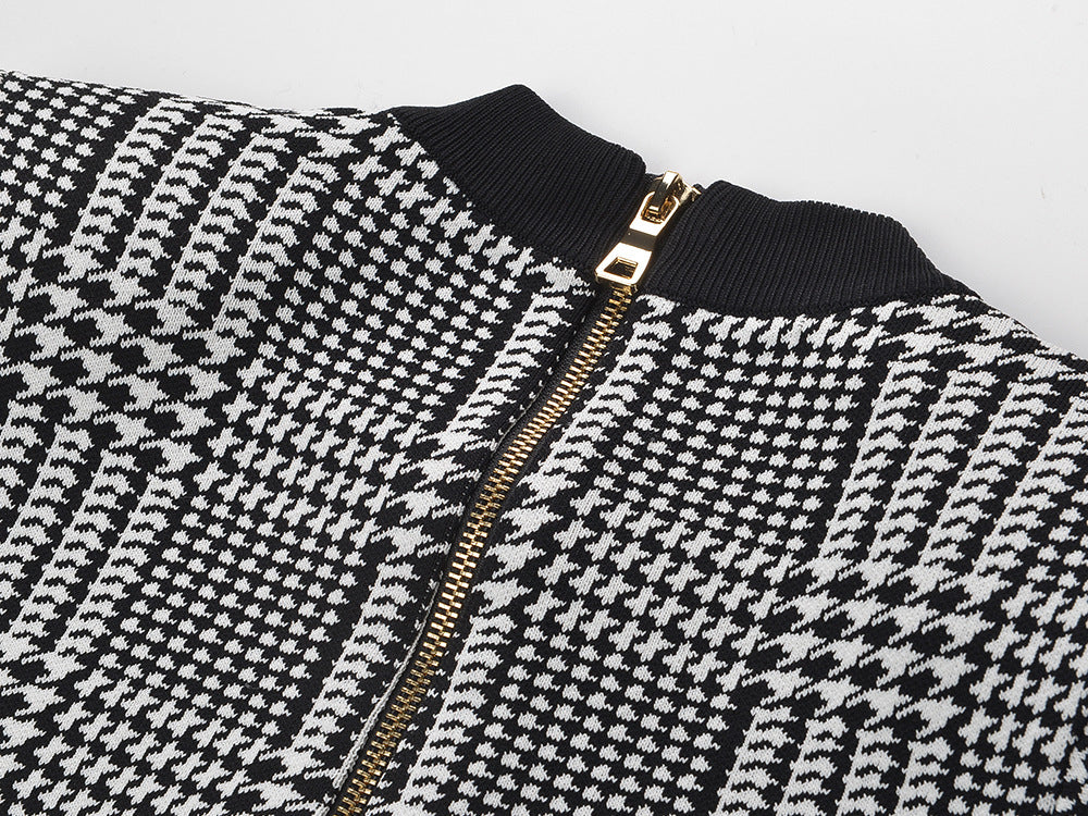 Karinda Chic Houndstooth Knit Mini Dress | Long Sleeve & Gold Buttons
