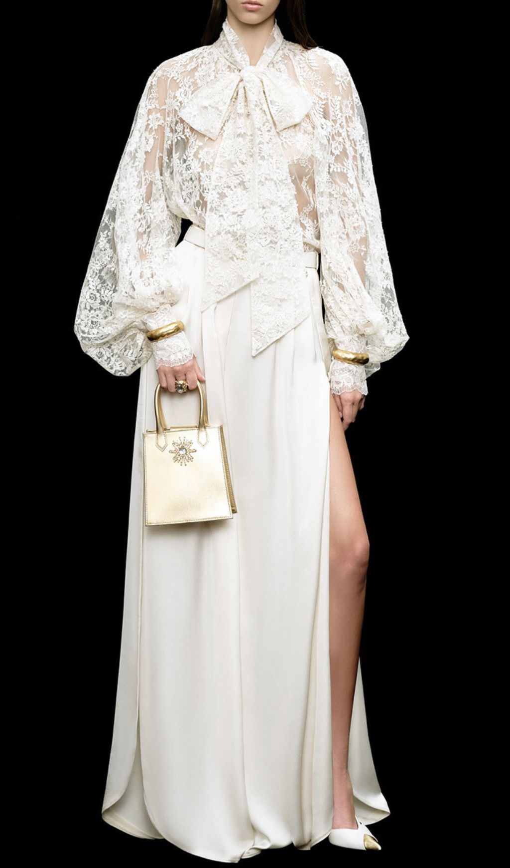 Husta White Lace Pussy-Bow Blouse & High-Slit Wide-Leg Pants Set