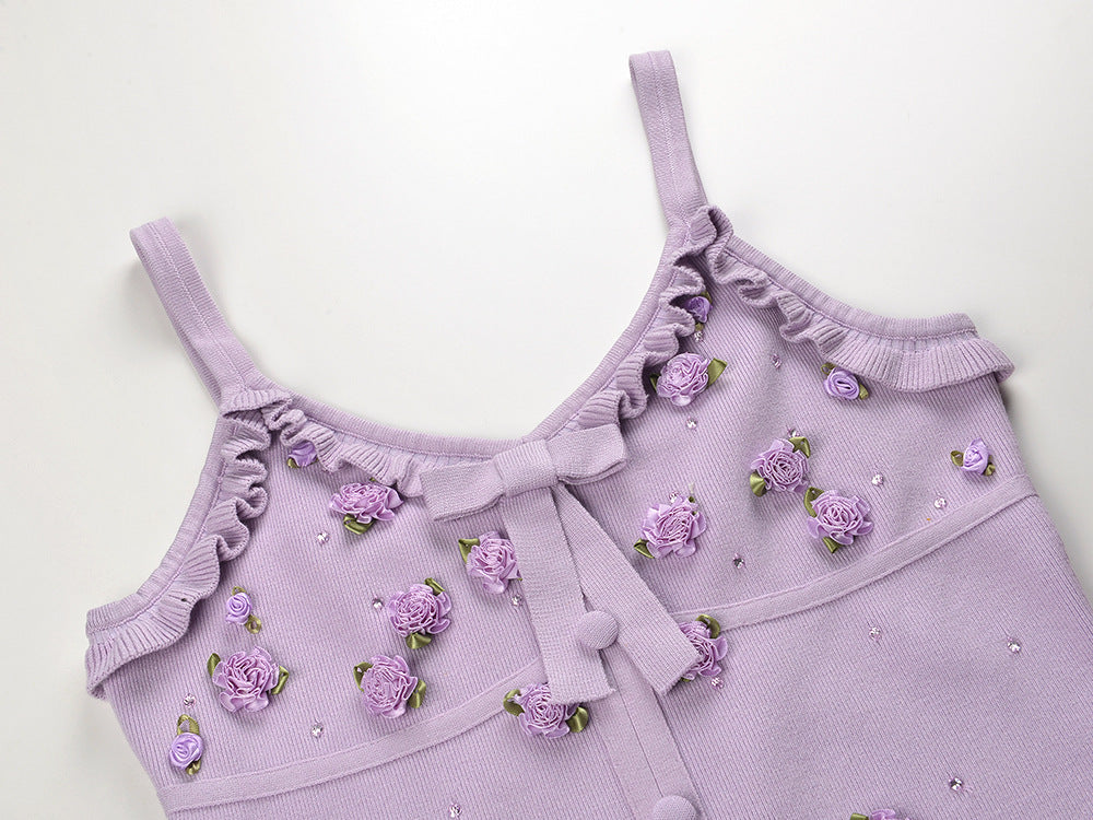 Romantic Lilac Floral Appliqué Knit Cardigan & Midi Dress Set