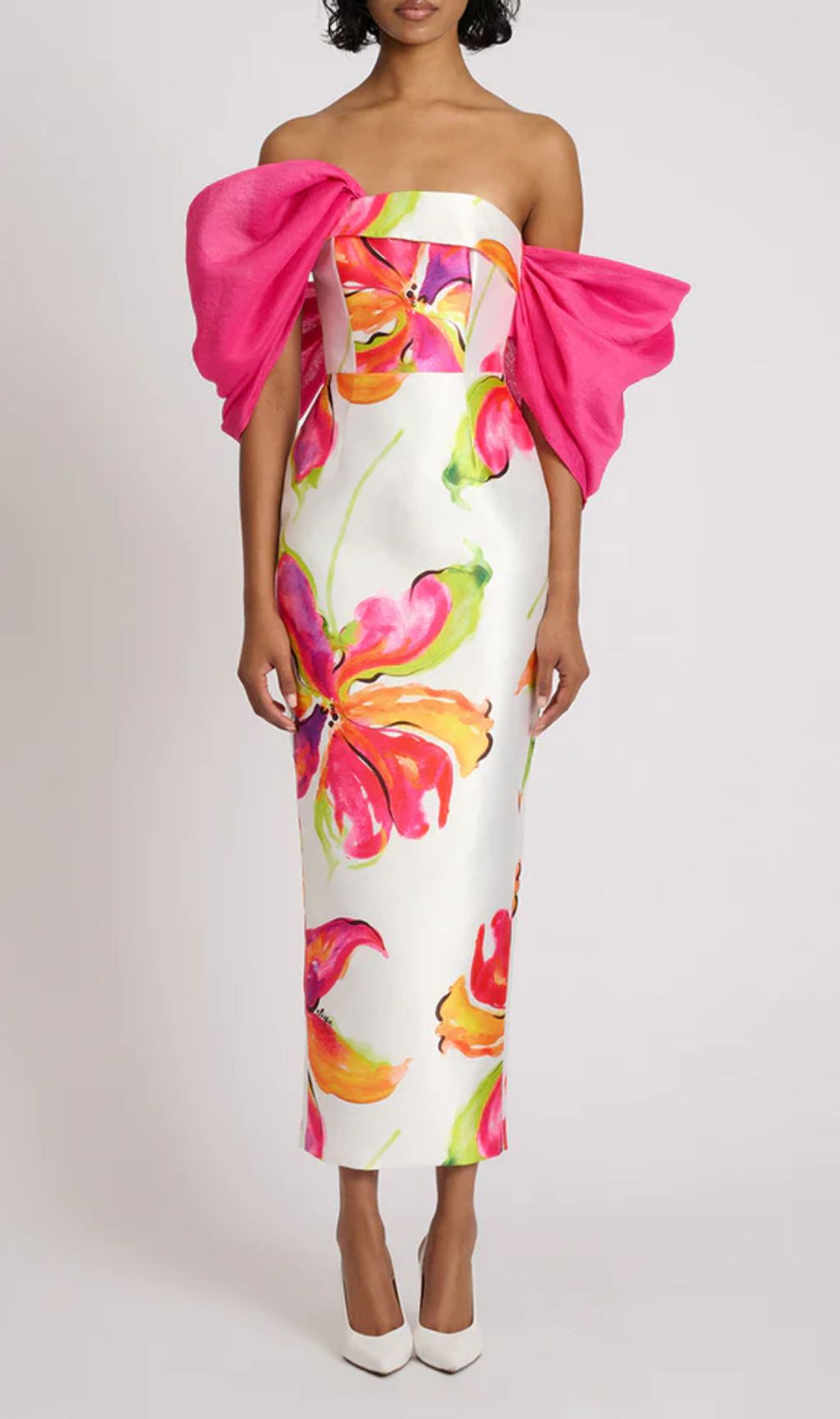 Aldrich Floral Off-Shoulder Midi Dress | Dramatic Pink Ruffle Sleeves