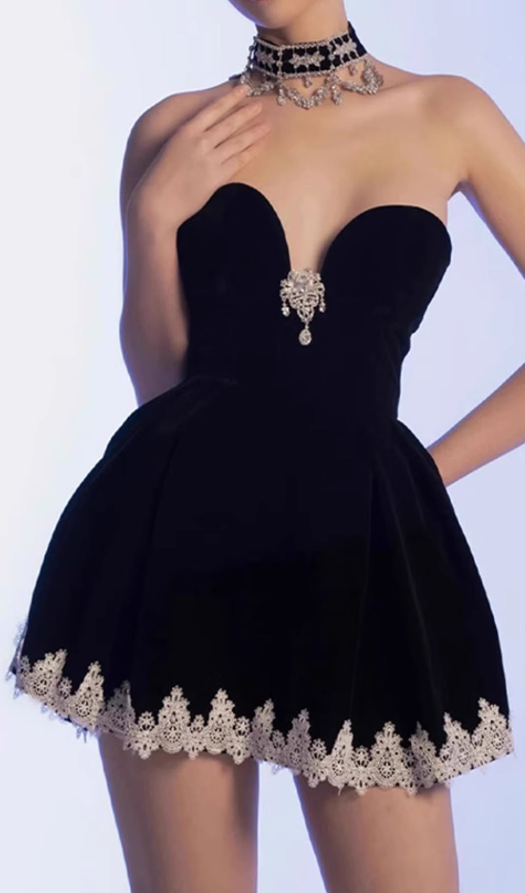 Eirene Black Lace Embellished Mini Dress