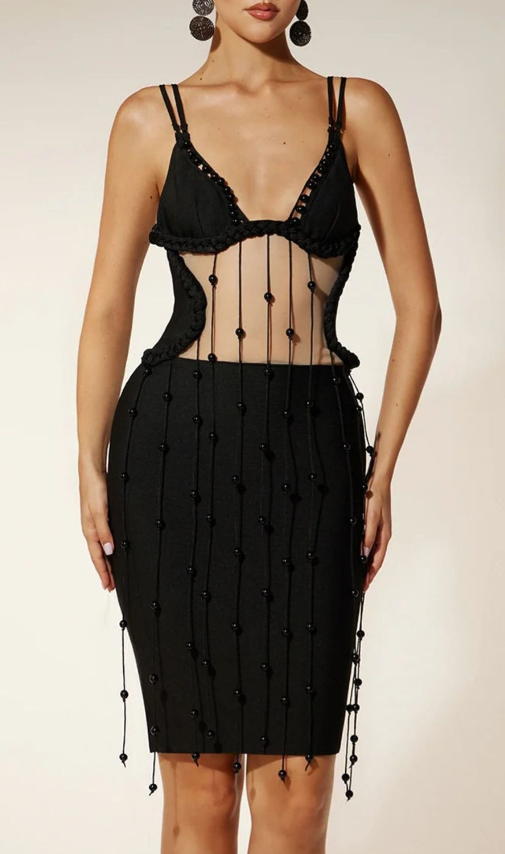 Einav Seductive Beaded Fringe Sheer Panel Bandage Mini Dress