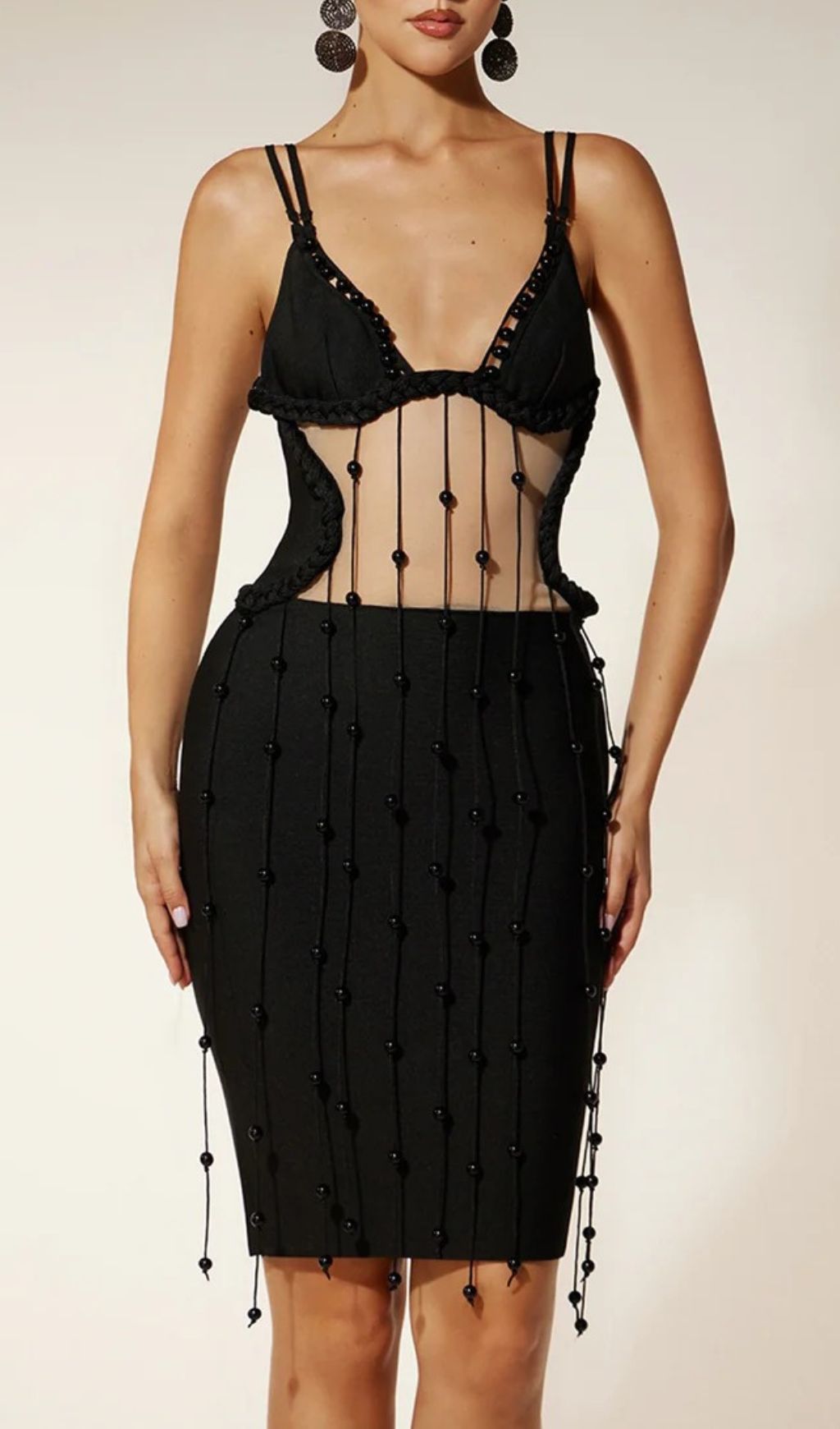 Einav Seductive Beaded Fringe Sheer Panel Bandage Mini Dress